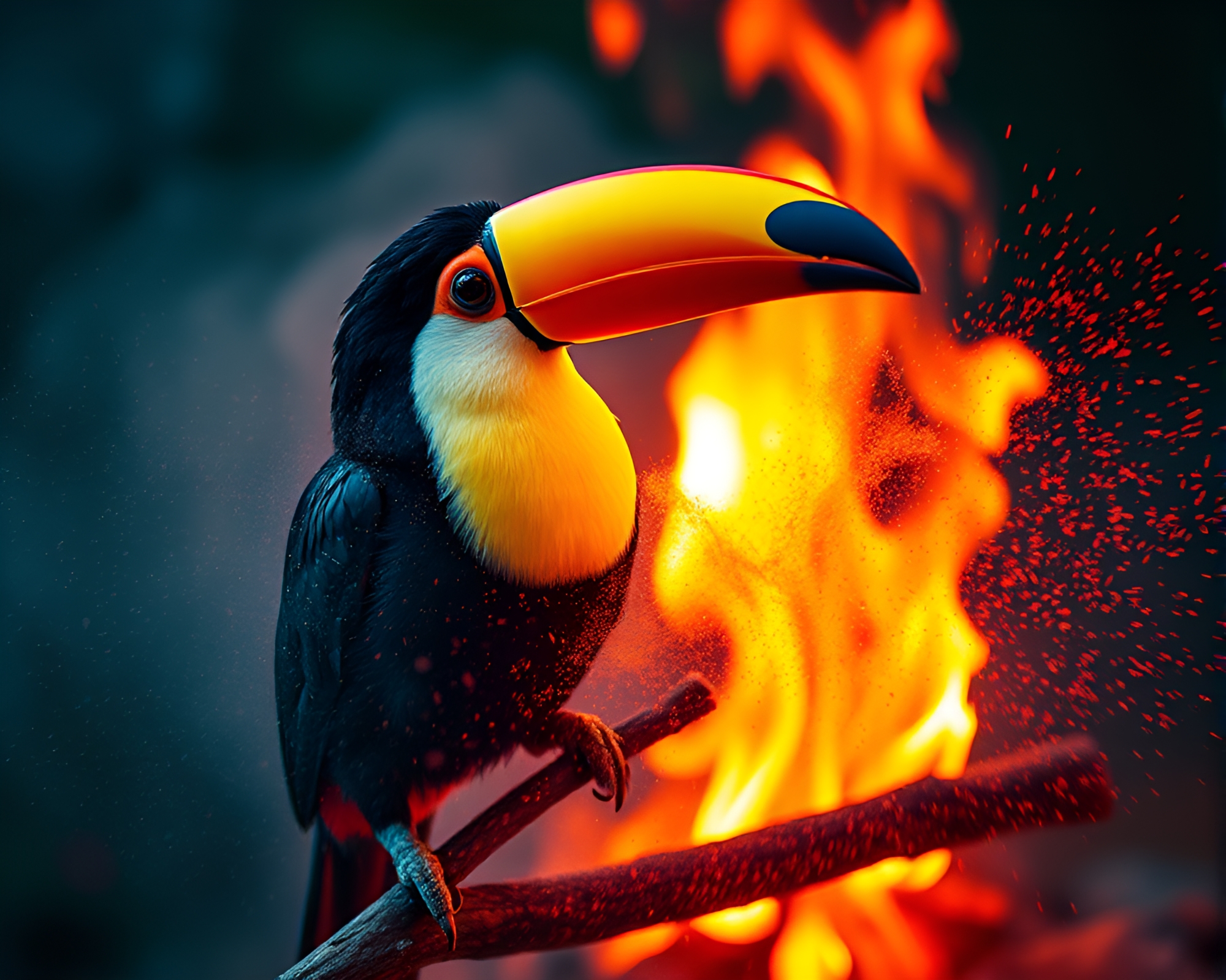 Toucan Feather Dusting in Holographic Bonfire Glow – free AI stock image