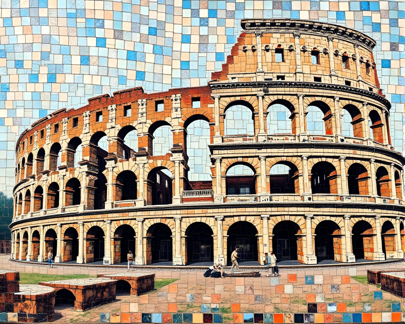 Hazy Roman coliseum depicted in mosaic mural with distorted VHS effect