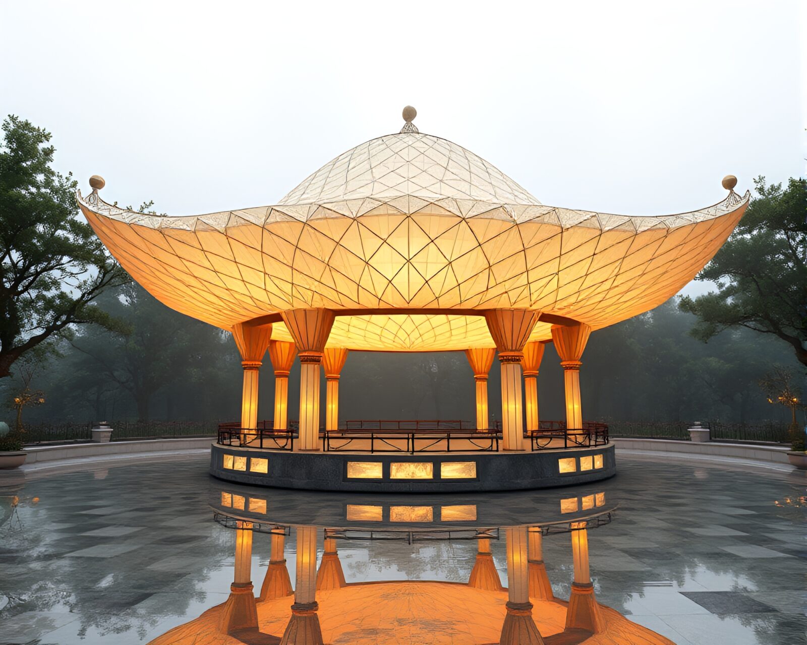 Washed-out colored floating pavilion surrounded by intricate hatching patterns
