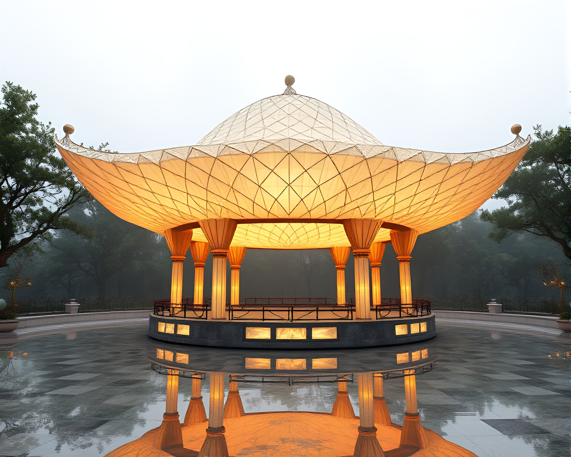Ethereal Floating Pavilion with Geometric Patterns – free AI stock image