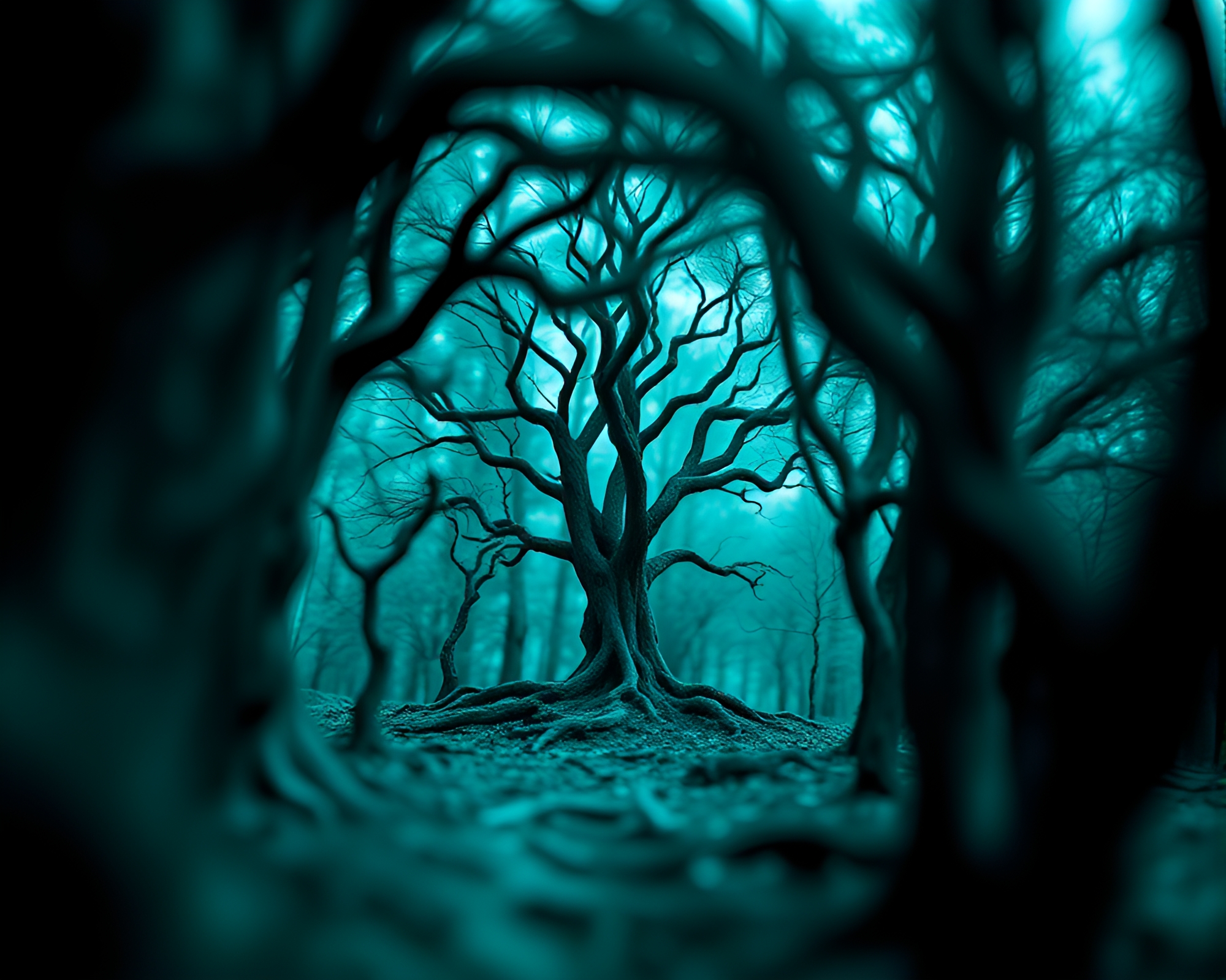 Eerie Teal Serenity: Gothic Tree Ring Tilt-Shift Horror – free AI stock image