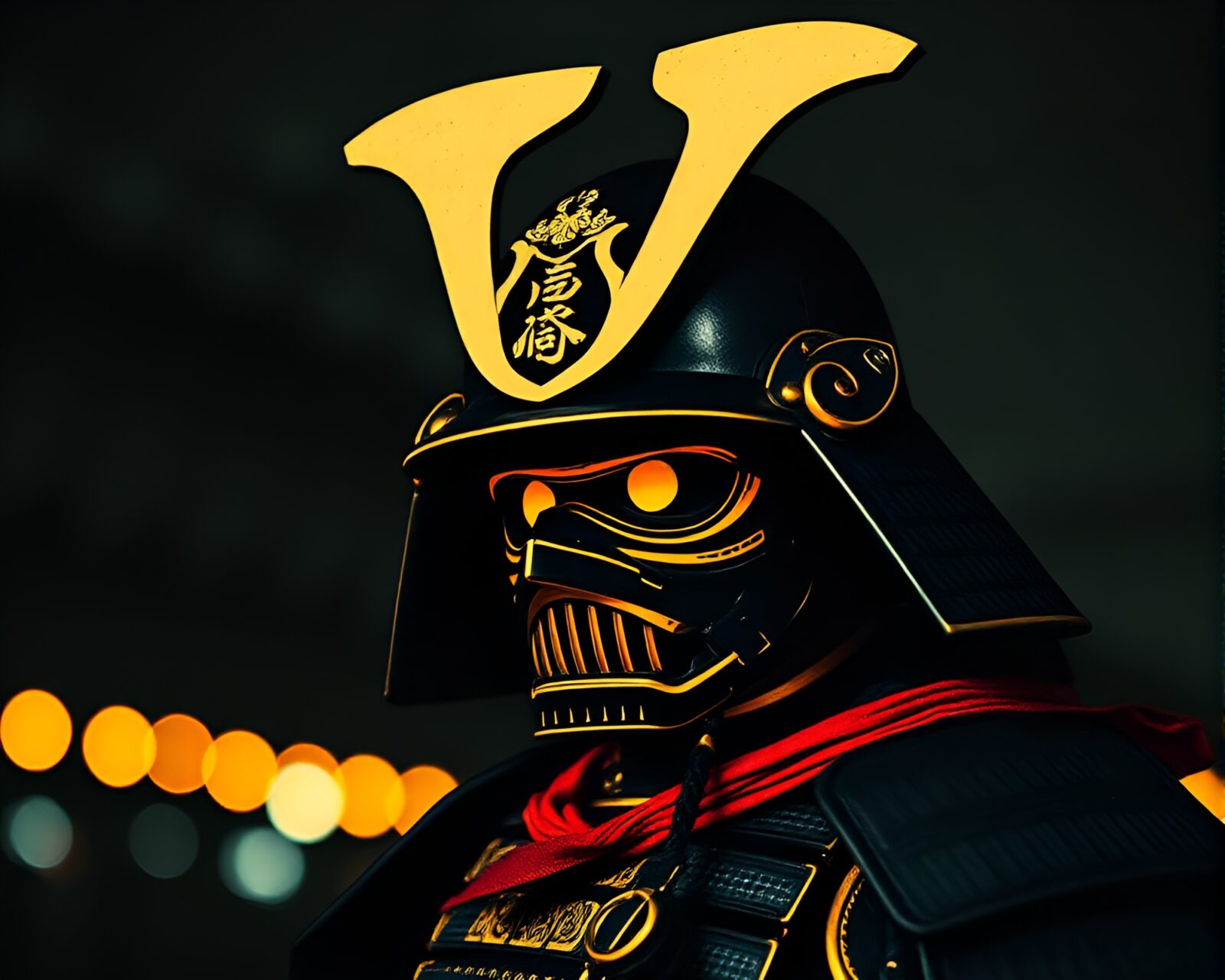 Majestic samurai helmet in abstract bokeh light linocut art