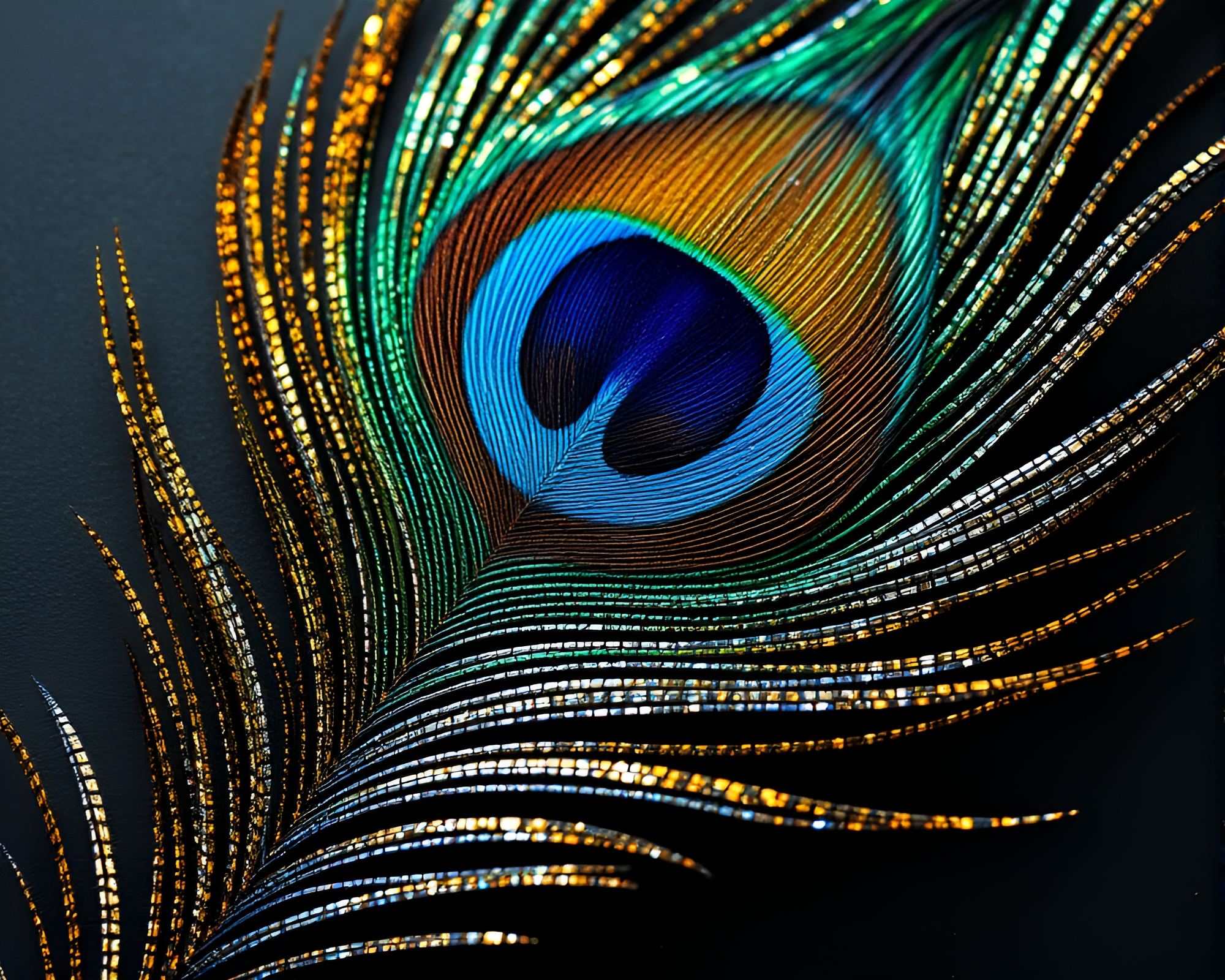 Glimmering Peacock Feathers in Theatrical Light – free AI stock image