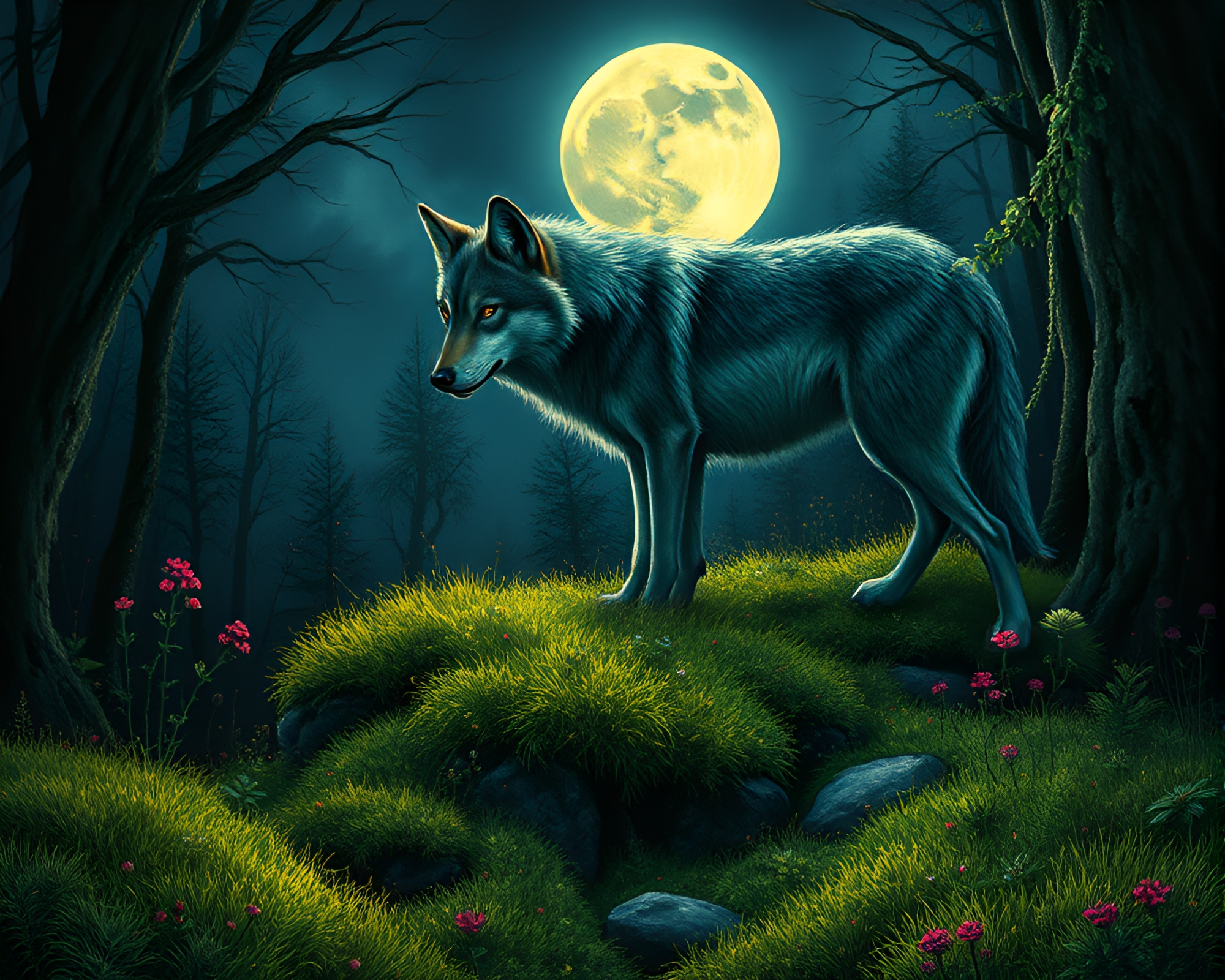 Moonlit Wolf Among Moss Growth botanical art – free AI stock image