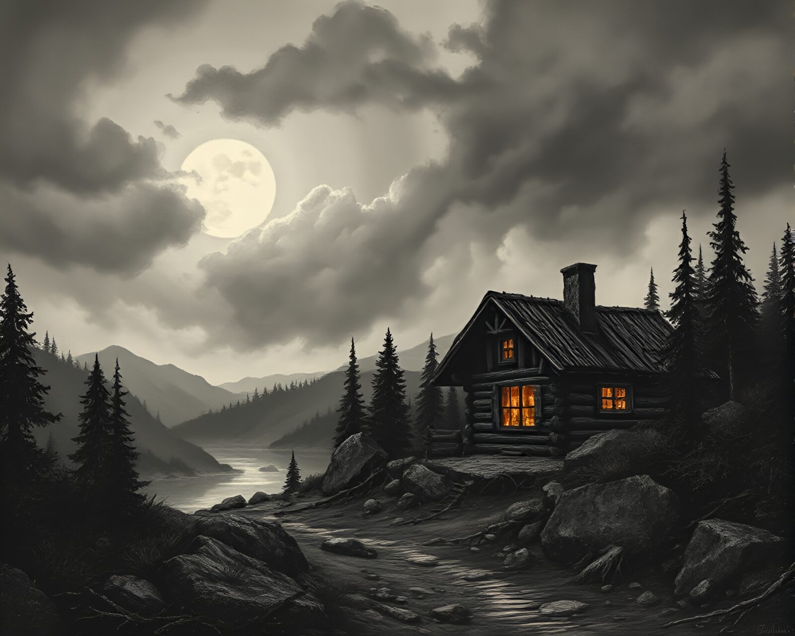 A rustic cabin enveloped in floating embers, illuminated by dramatic chiaroscuro lighting