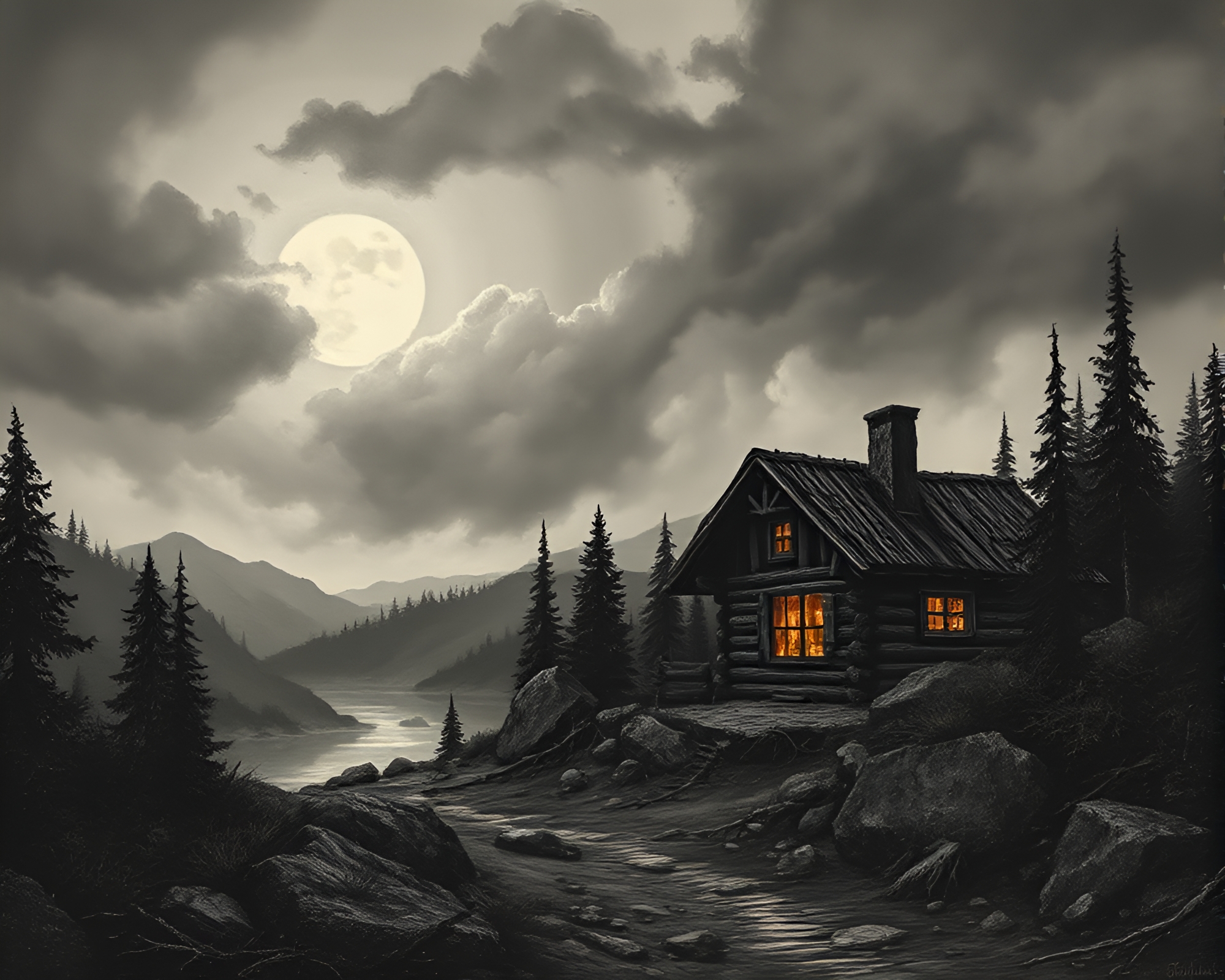Rustic Cabin Embers: A Dramatic Landscape Etching – free AI stock image