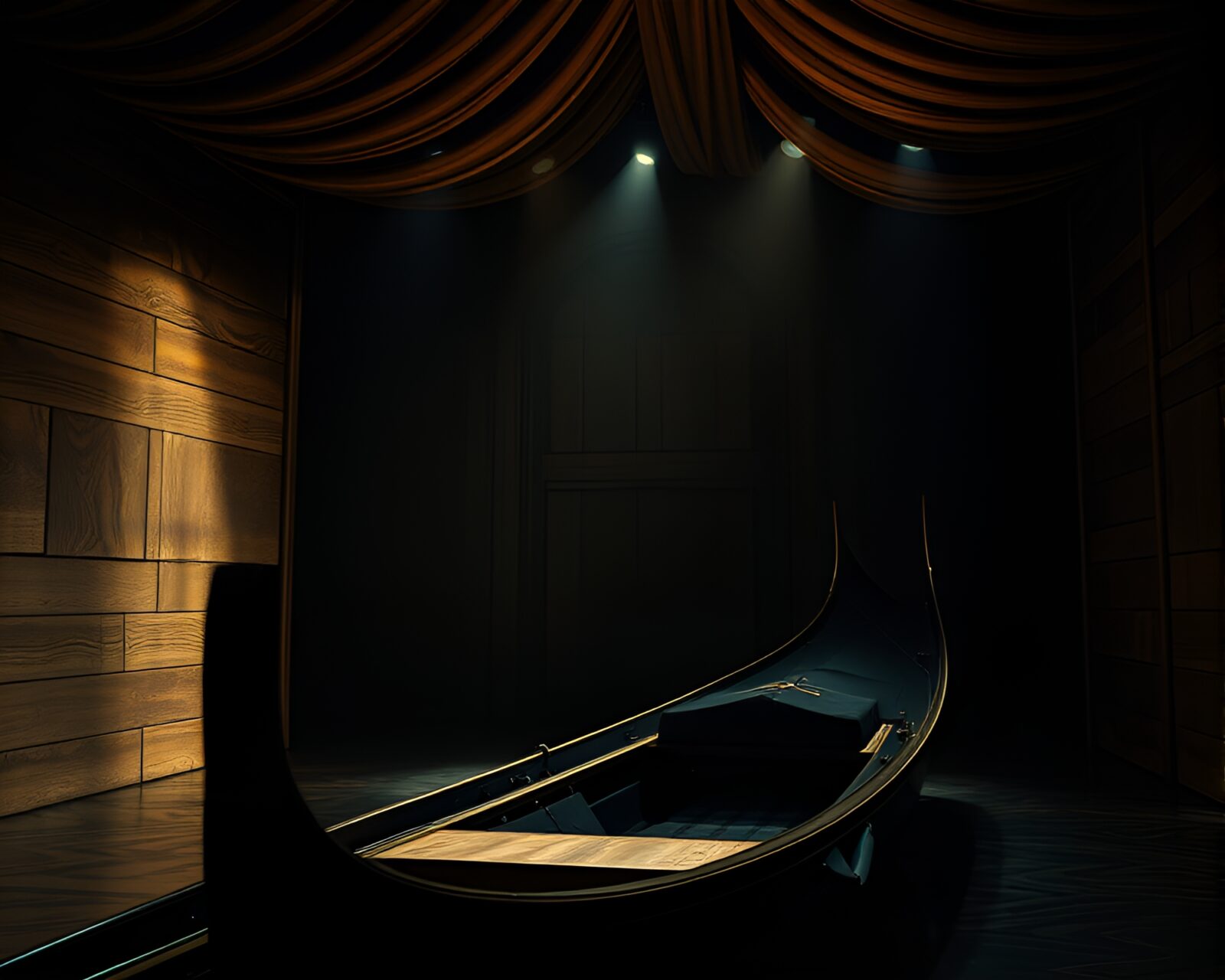 Vintage gondola on wood with dramatic lighting