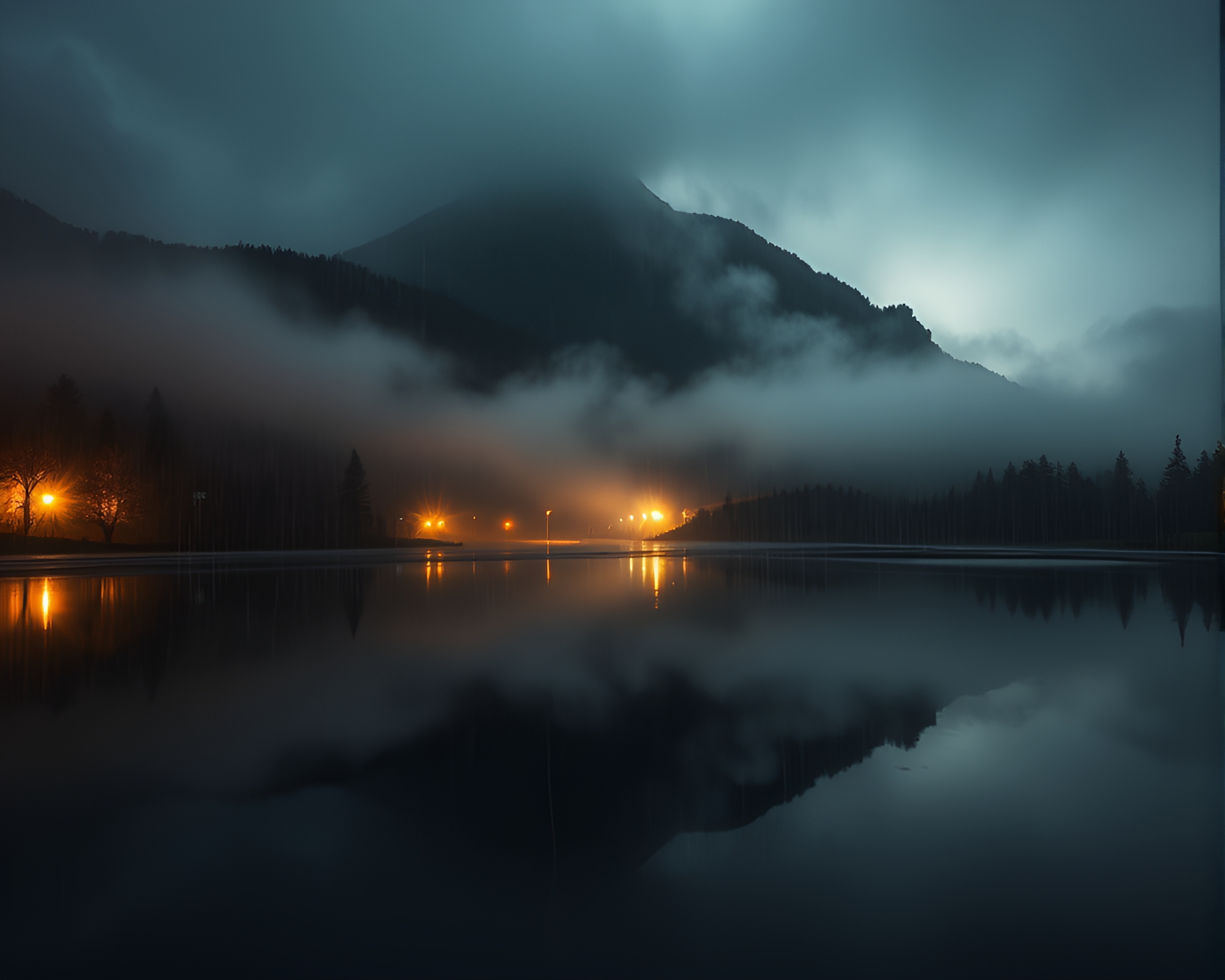 Misty Mountain Rain Reflections with Light Leaks – free AI stock image