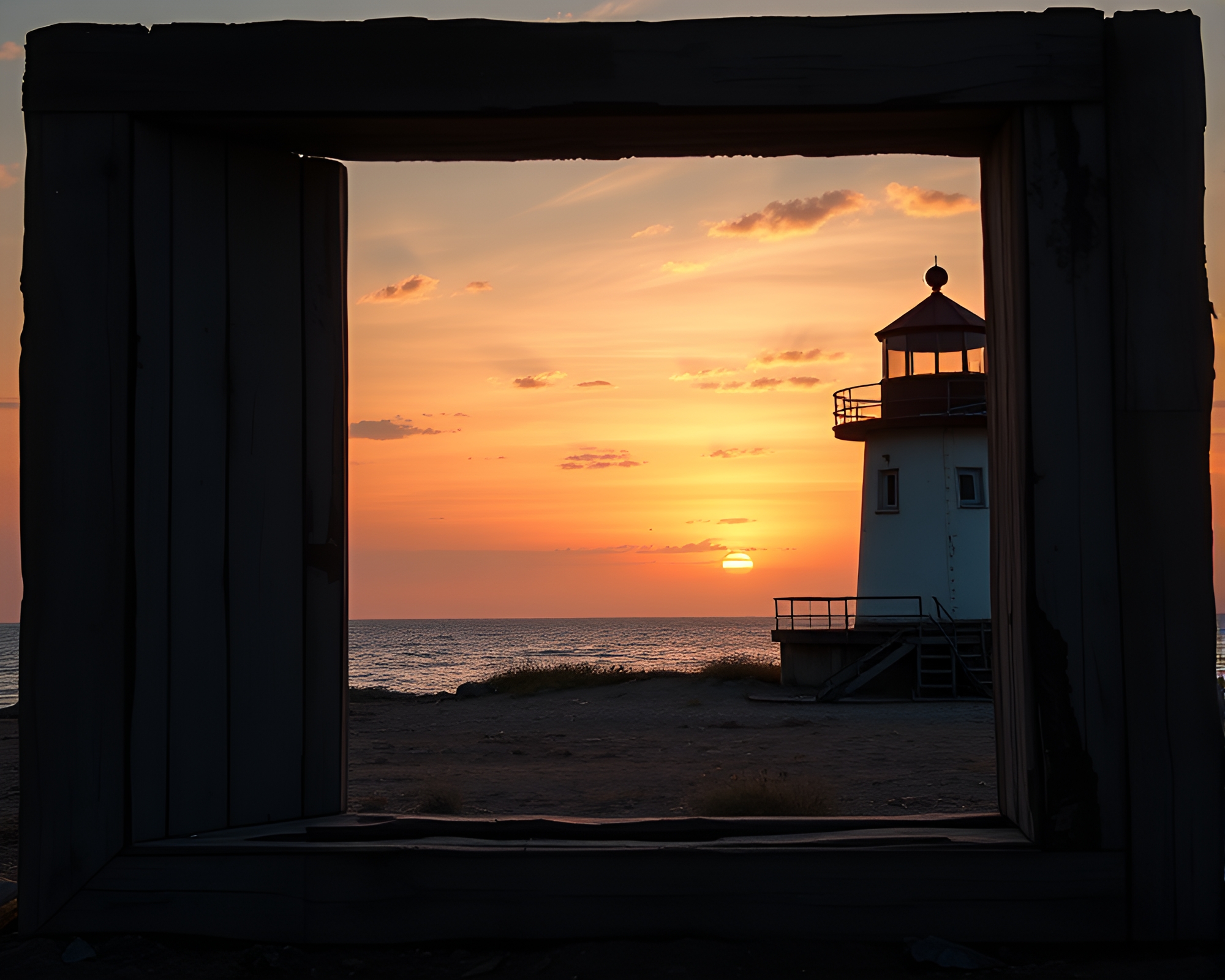 Abandoned lighthouse at sunset framed by nature’s beauty – free AI stock image