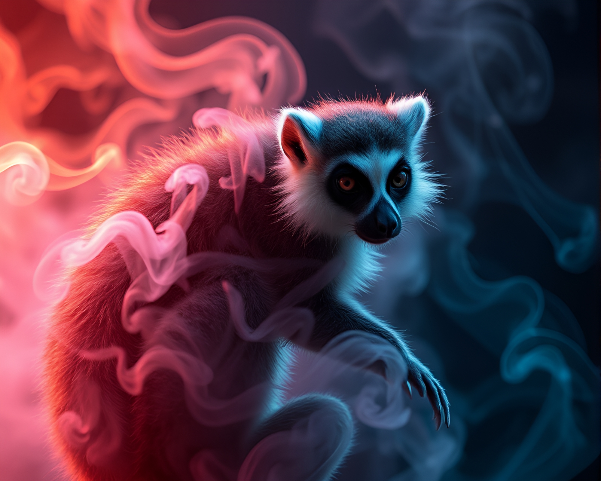 Enigmatic Lemur in Holographic Smoke Swirls – free AI stock image