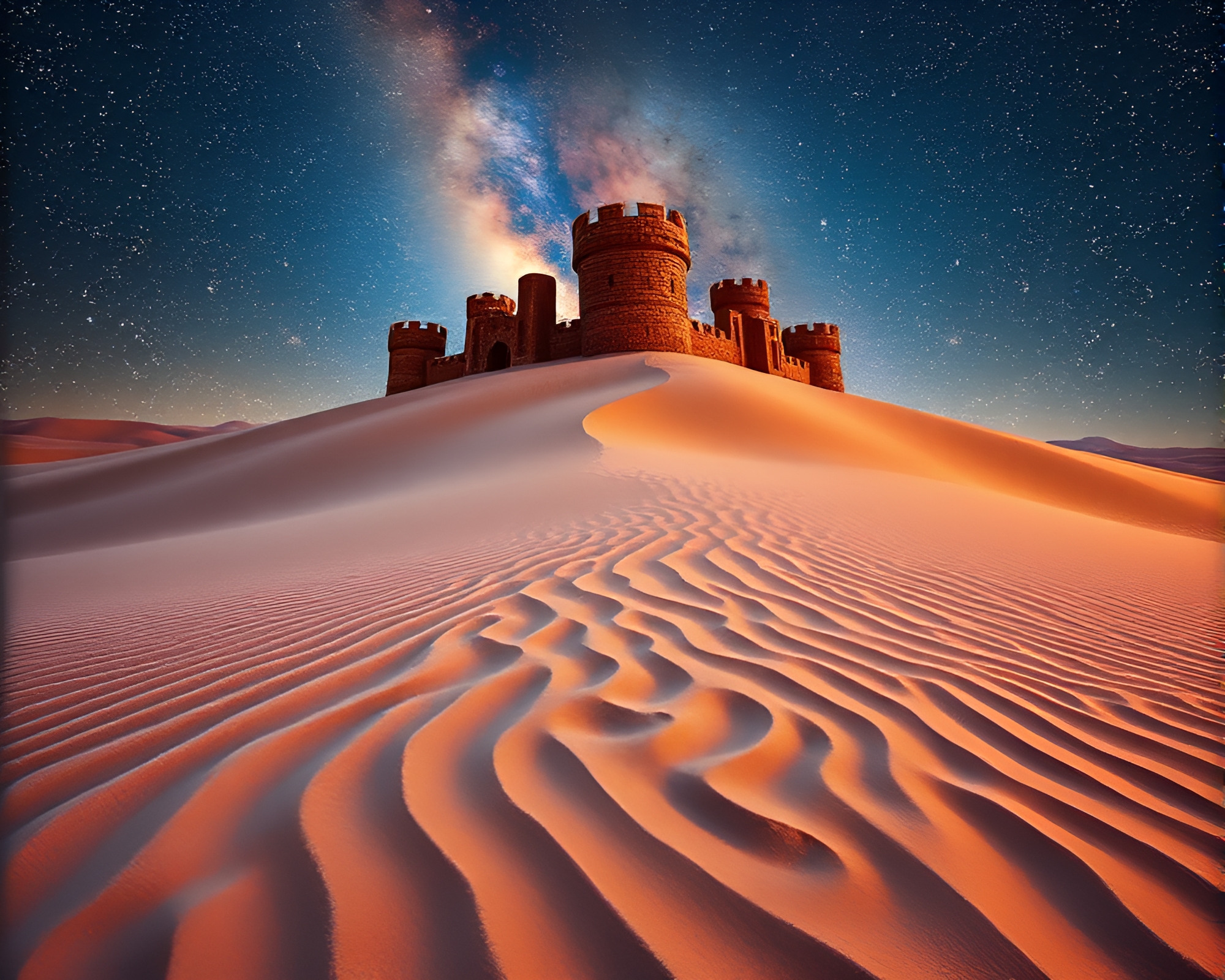Galactic Desert Castle Sand Swirls Low-Light Photography – free AI stock image
