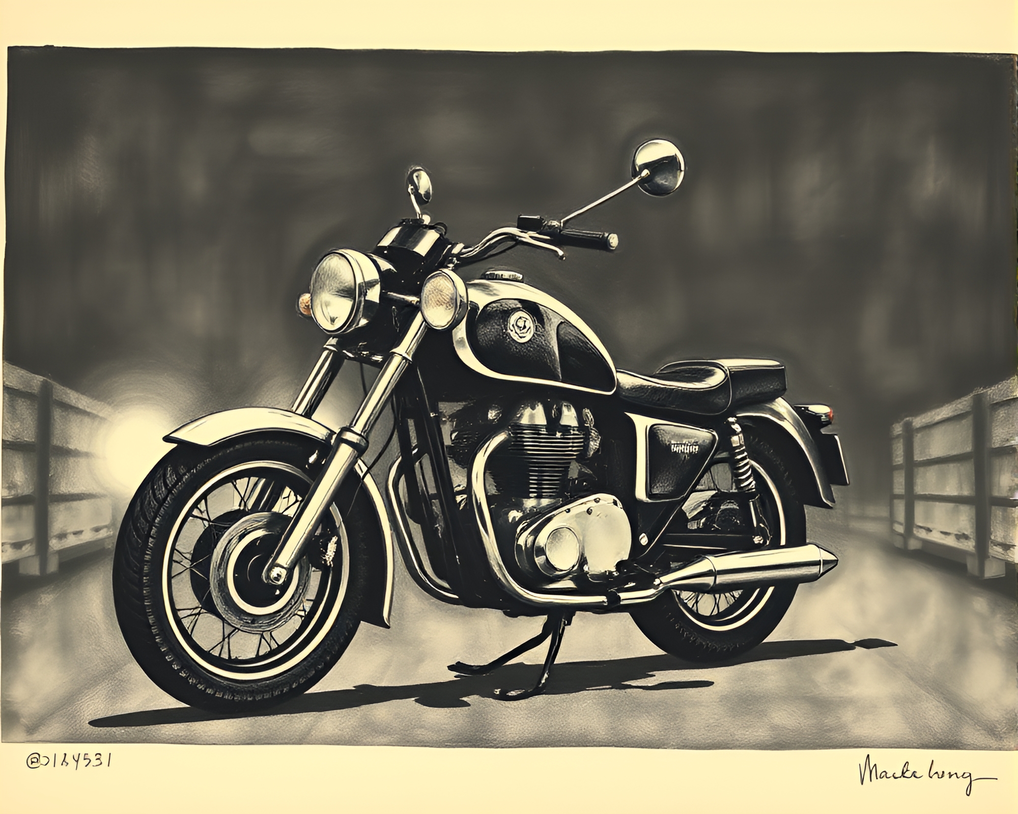 Vintage Motorcycle Woodblock Print in Grayscale Lighting – free AI stock image