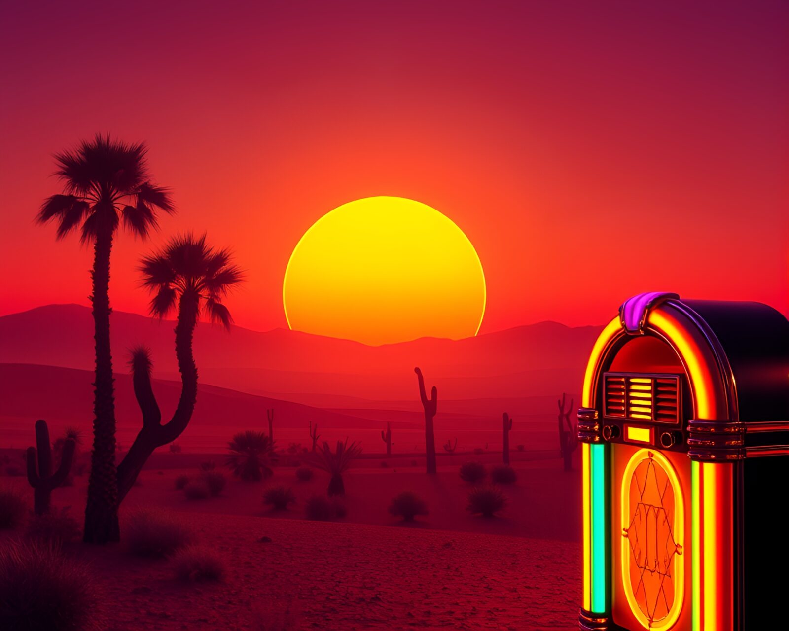 Vibrant neon-lit jukebox in the desert twilight