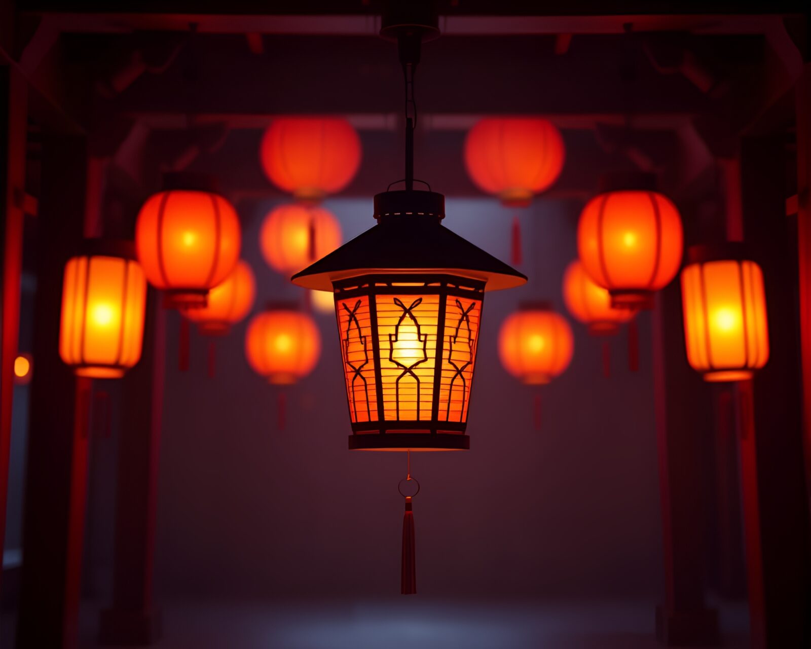Abstract low-poly 3D render with glowing paper lantern