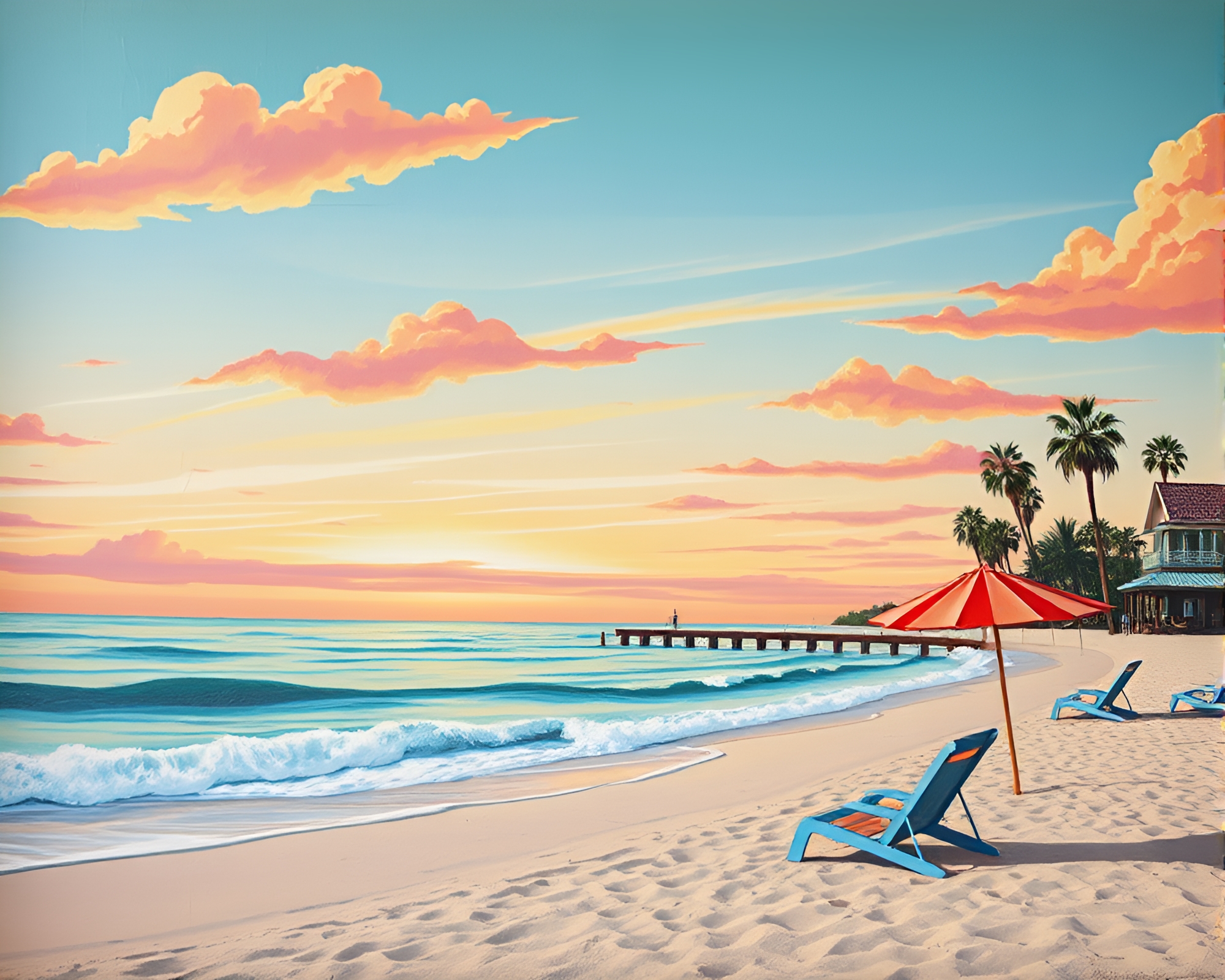 Retro Beach Sunset Mural with Film Burn Effect – free AI stock image