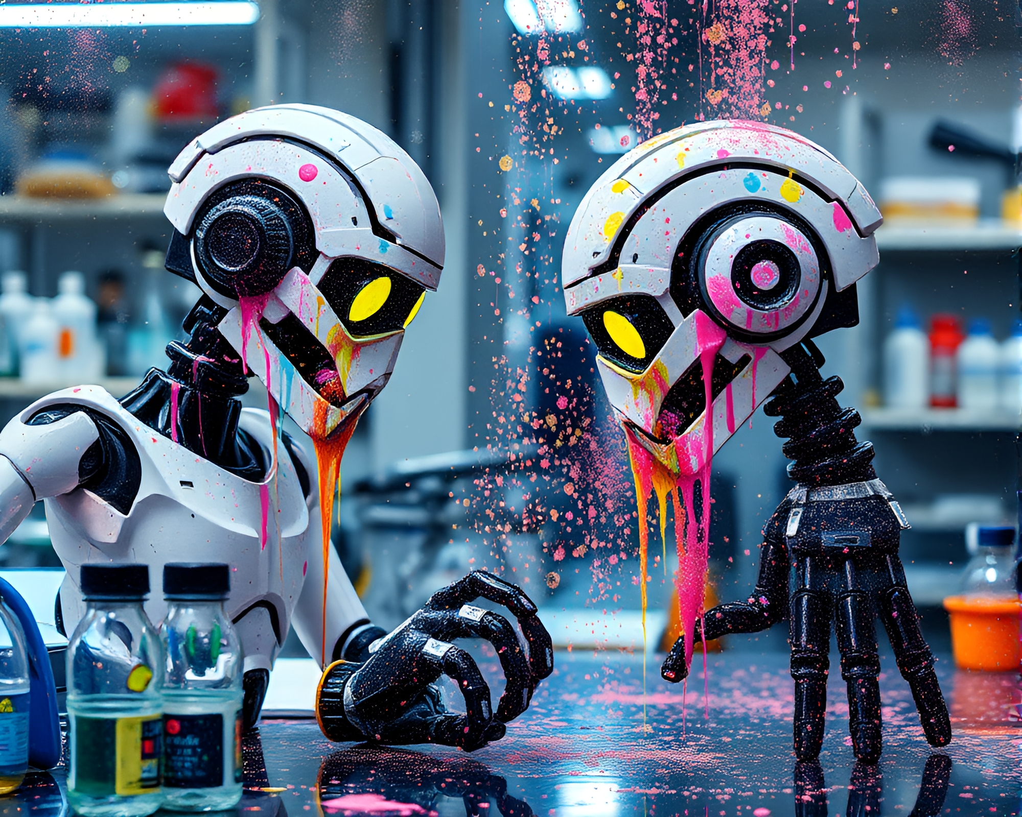 Robotic Laboratory Drenched in Glitter Paint Splatters – free AI stock image