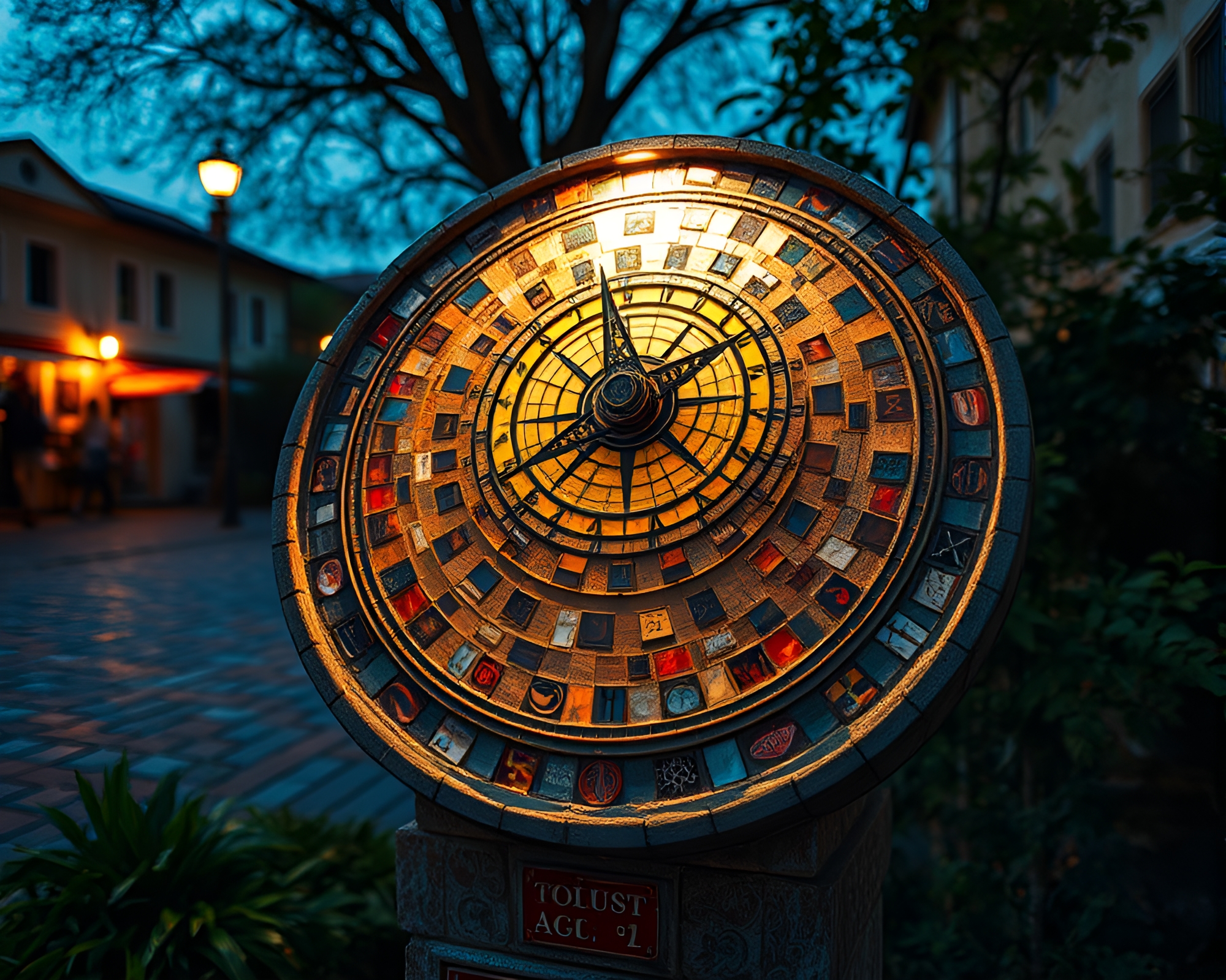Vibrant Street Art Pocket Sundial Mosaic Illumination – free AI stock image