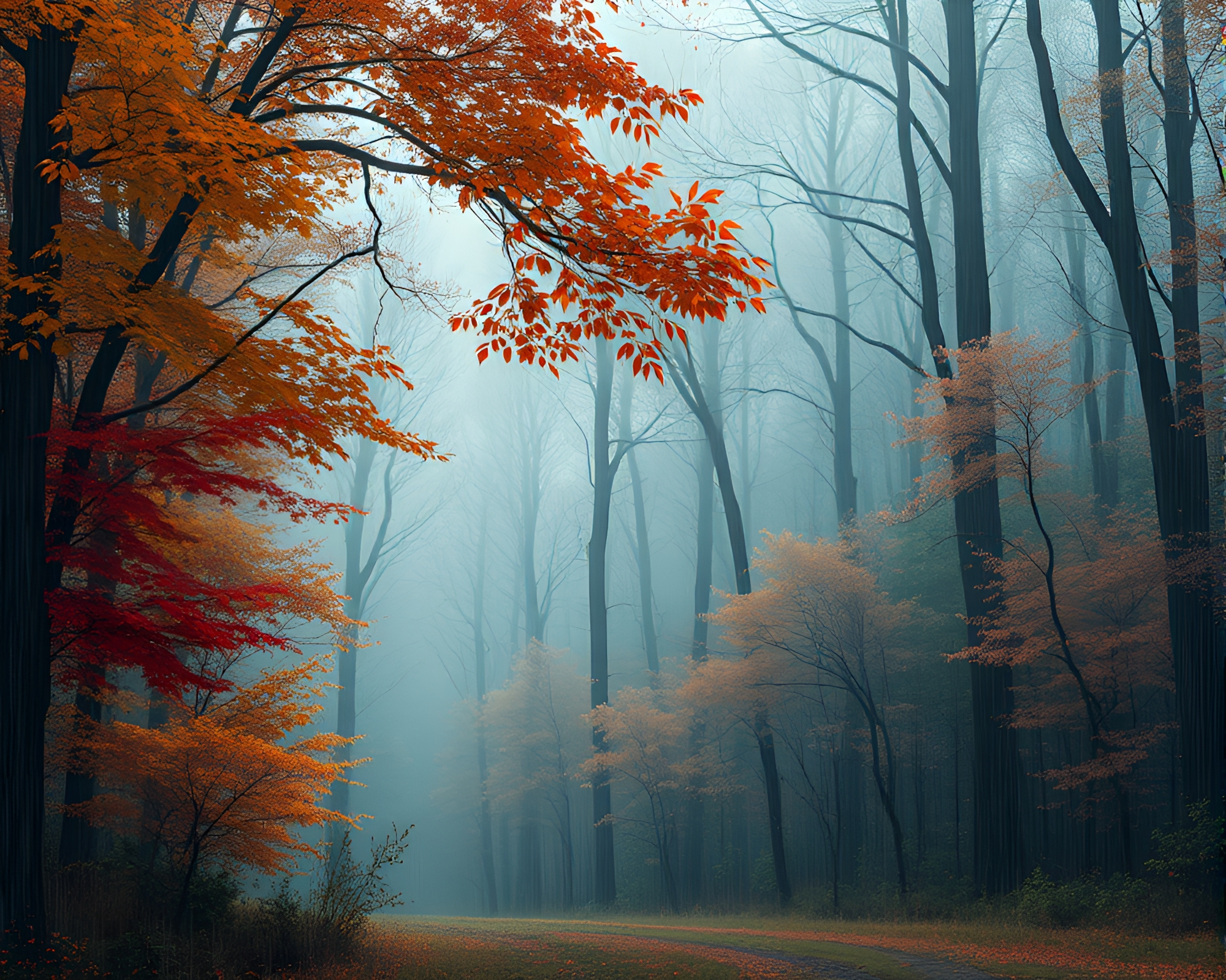 Autumn Forest Rain Droplets: Dreamy Technical Illustration – free AI stock image