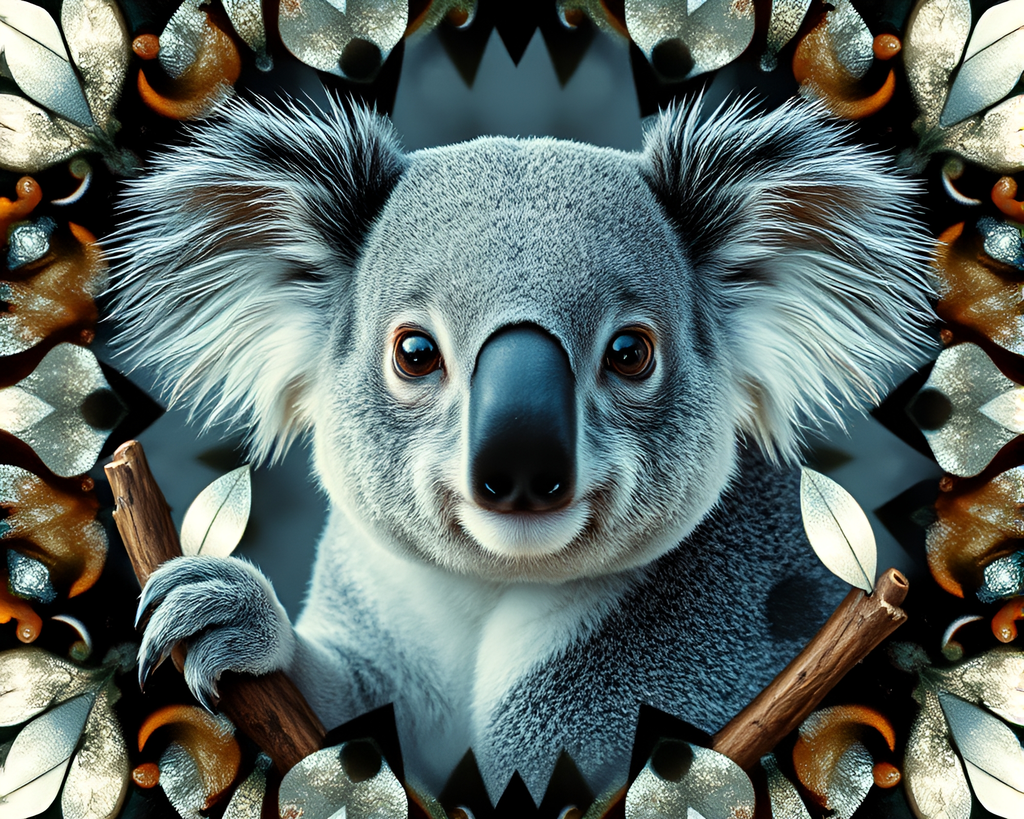 Ethereal Koala Among Silver Leaf Patterns – free AI stock image