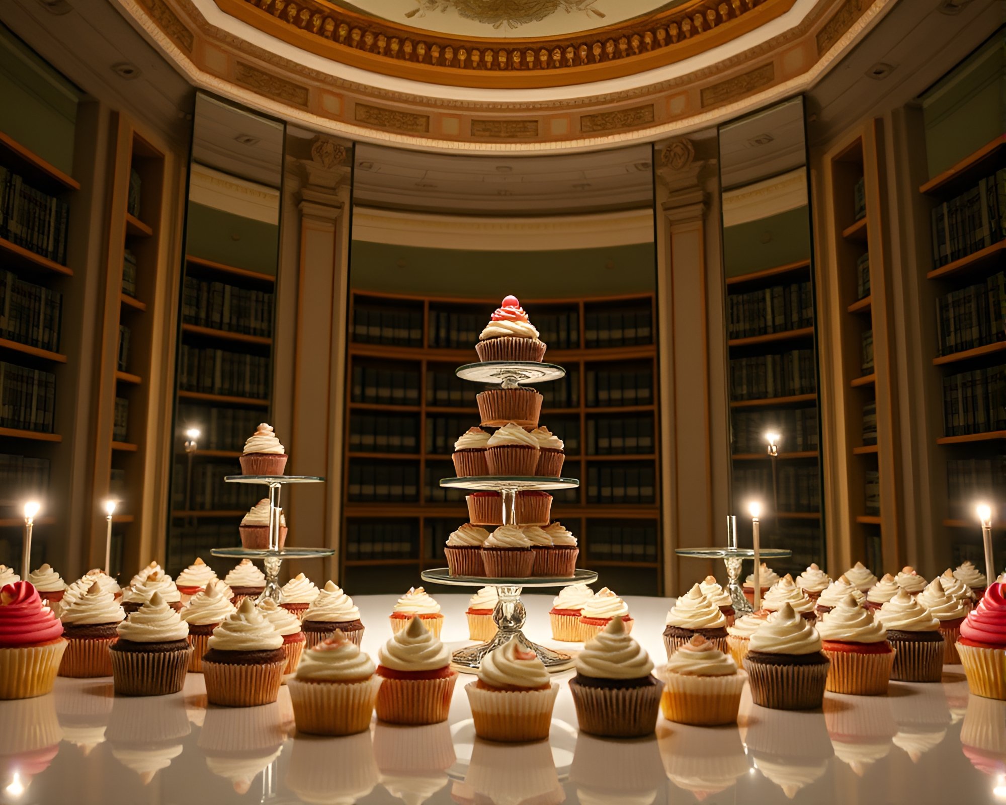 Symmetrical Cupcake Tower Illuminated by Library Lamp Spotlight – free AI stock image