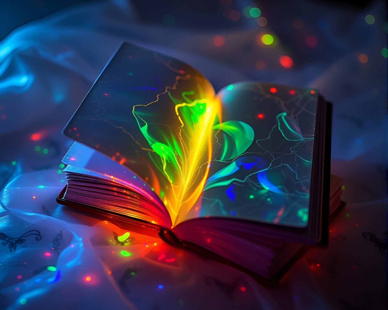 Glowing book surrounded by colorful soap film swirls
