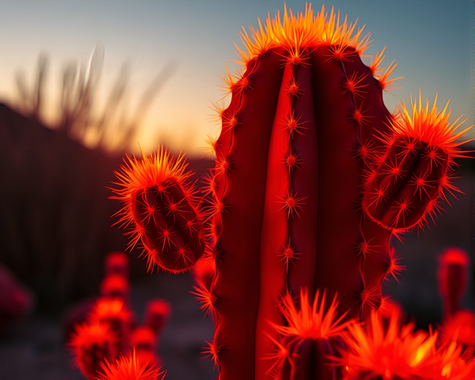 Off-center neon cactus glows in surreal thermal lighting