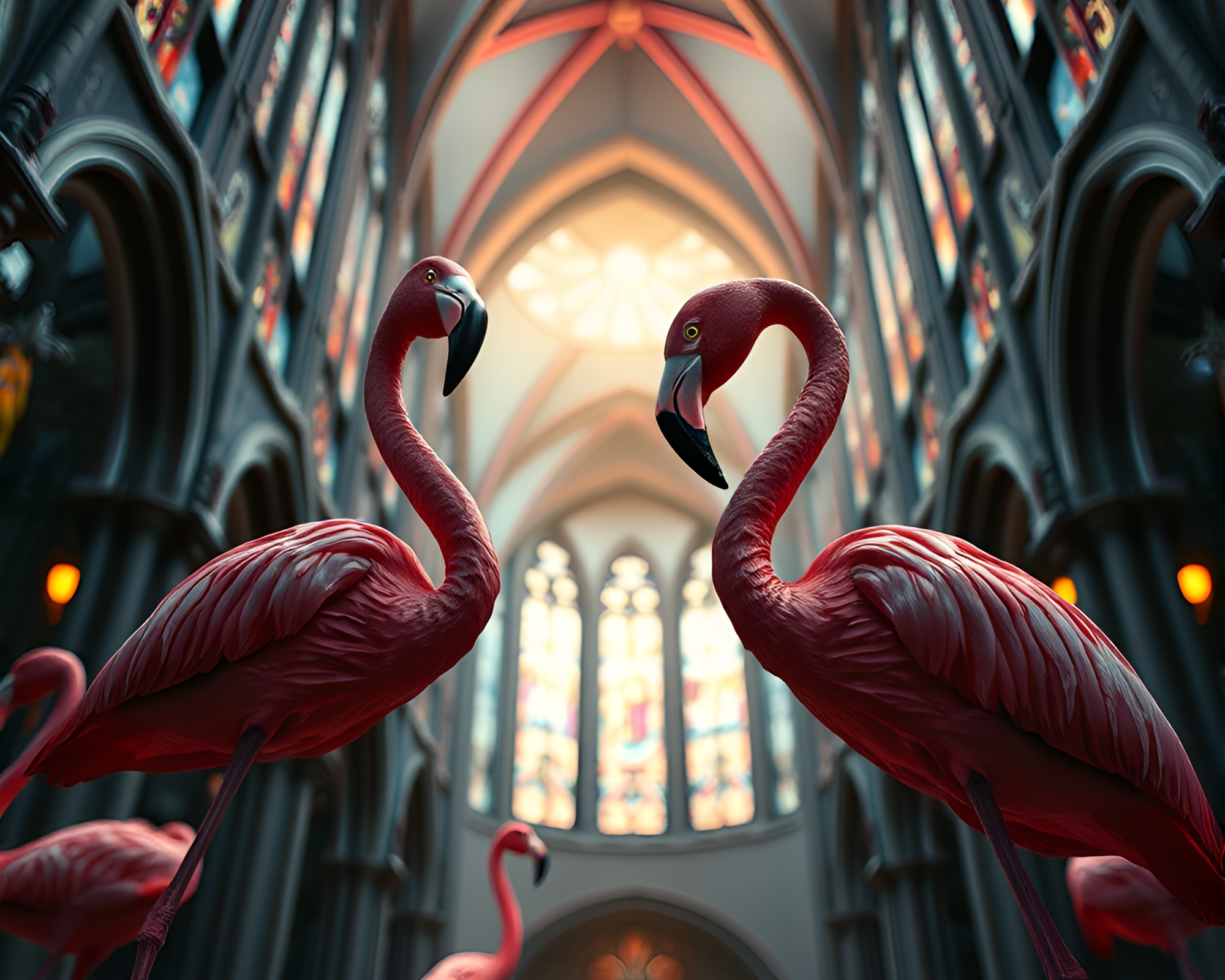 Ethereal Flamingo Close-Up in Cathedral Light – free AI stock image