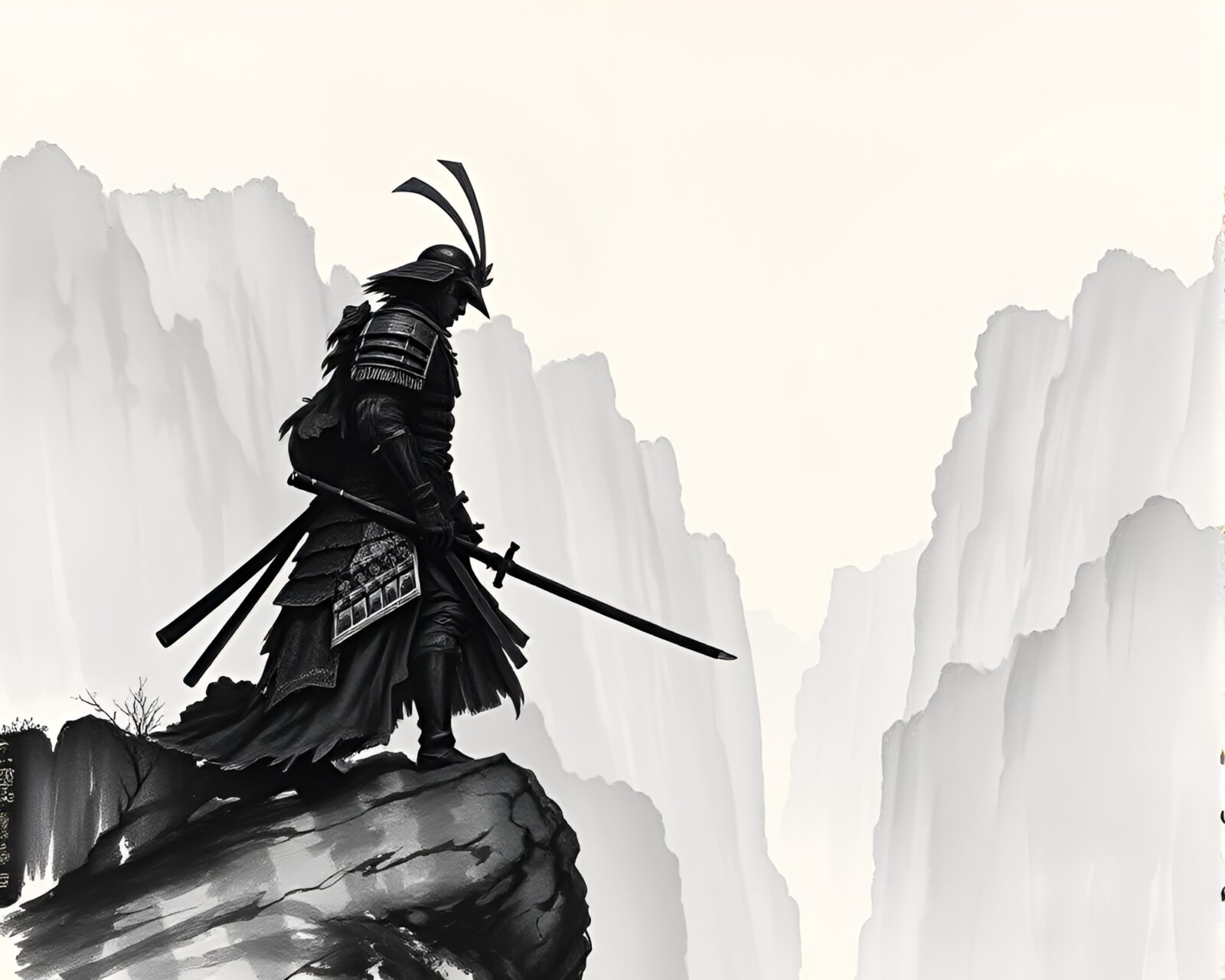 Dark lithograph of a samurai warrior on cliffside
