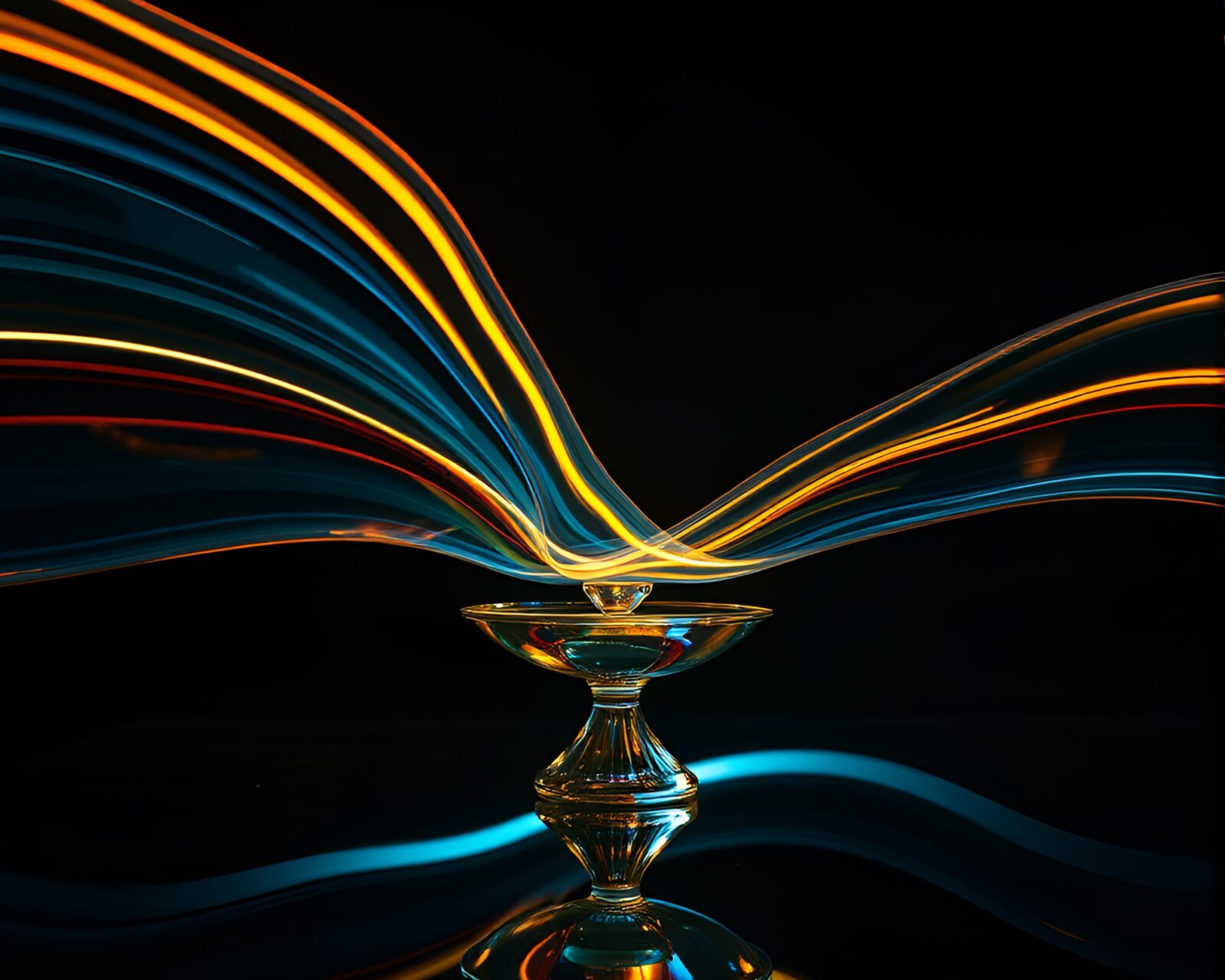 Vibrant collection of Murano glass illuminated by neon light streaks