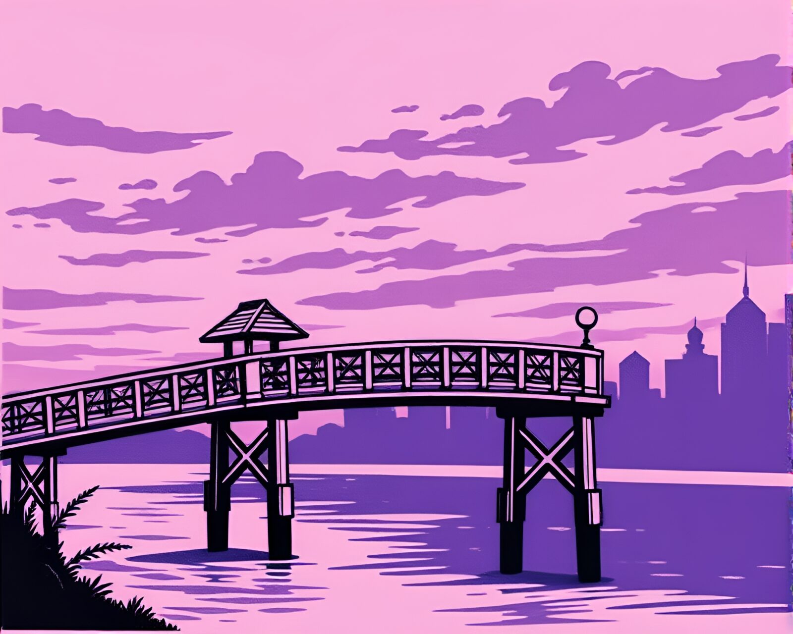 Magical wooden bridge illuminated in twilight, with unique cel-shading art style