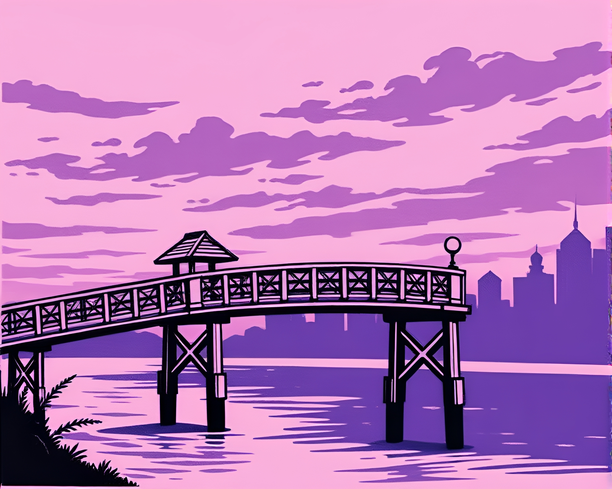 Twilight Wooden Bridge: Cel-Shaded Foil Stamping Fantasy – free AI stock image