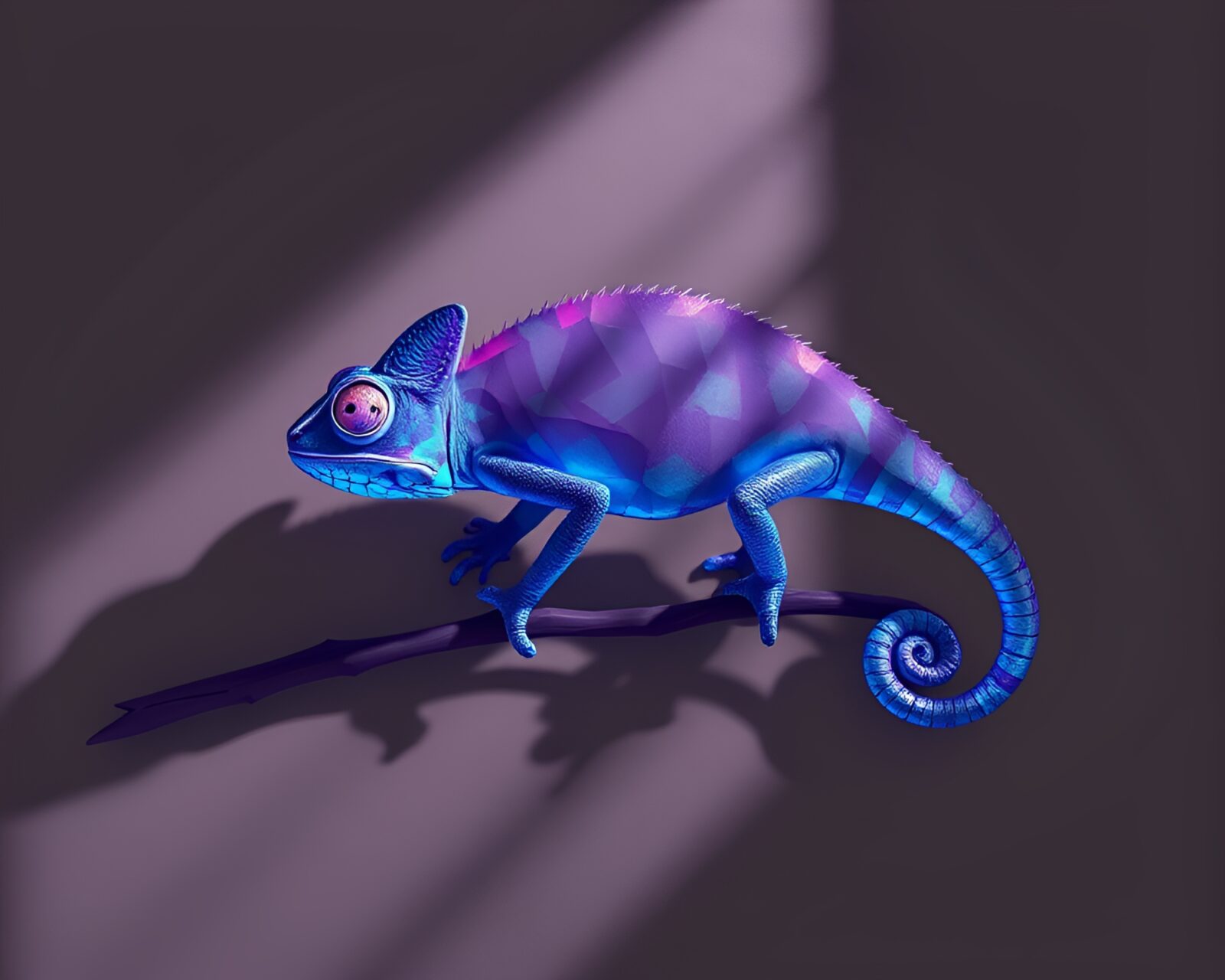Surreal chameleon blending in shadows against sapphire-hued low-poly background