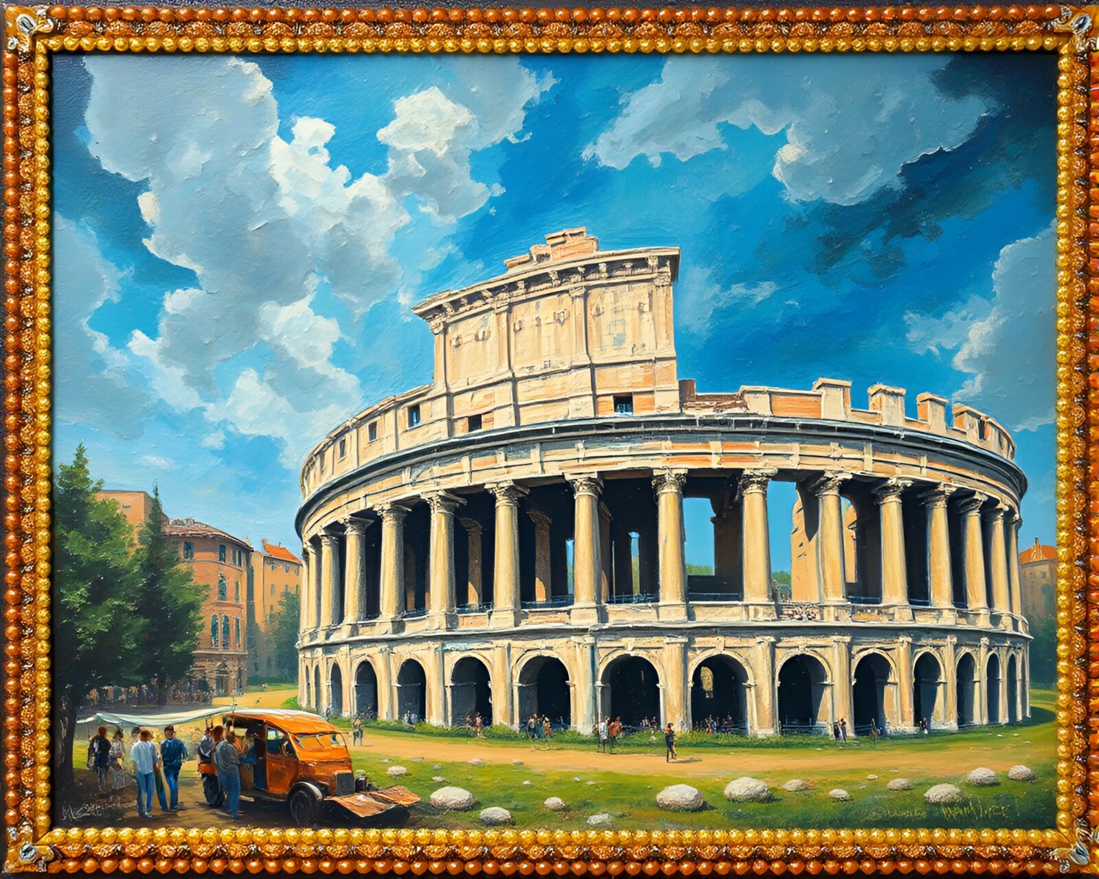 Oil painting of Roman Coliseum with bright topaz beadwork details