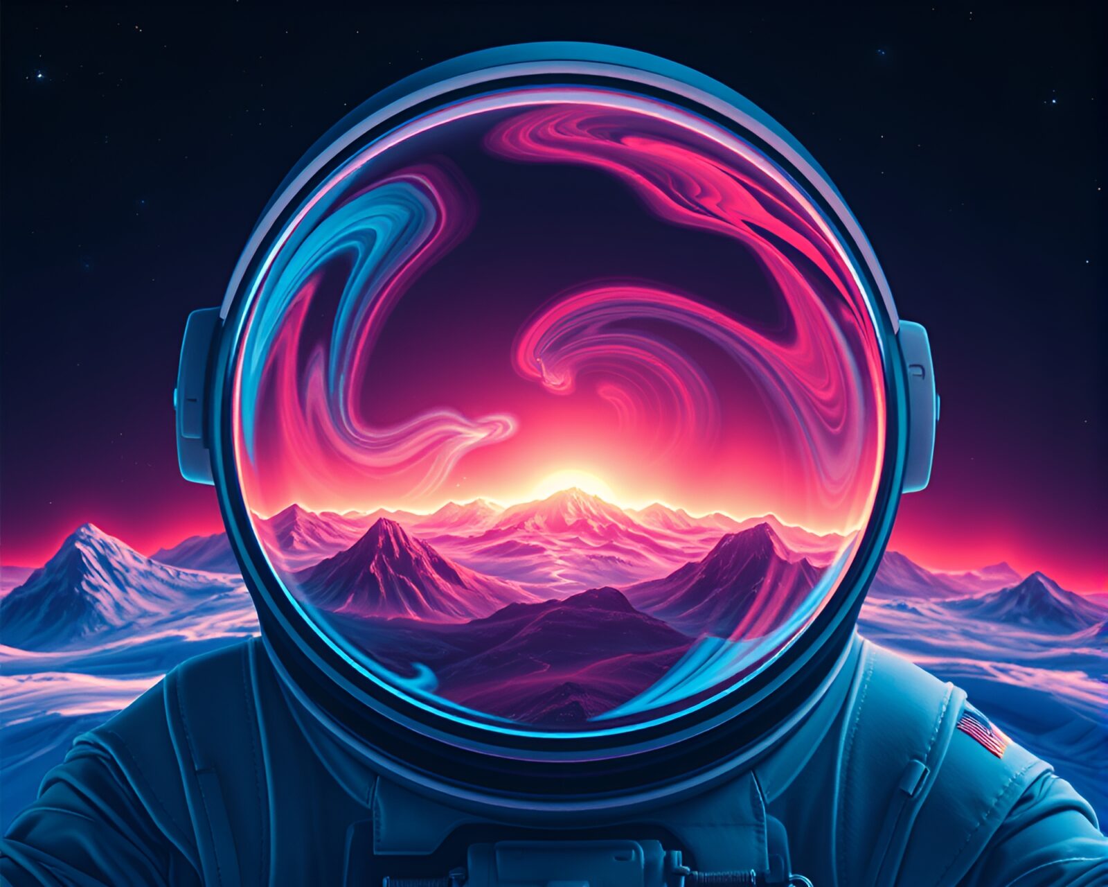 Surreal image of astronaut surrounded by fluorescent swirls