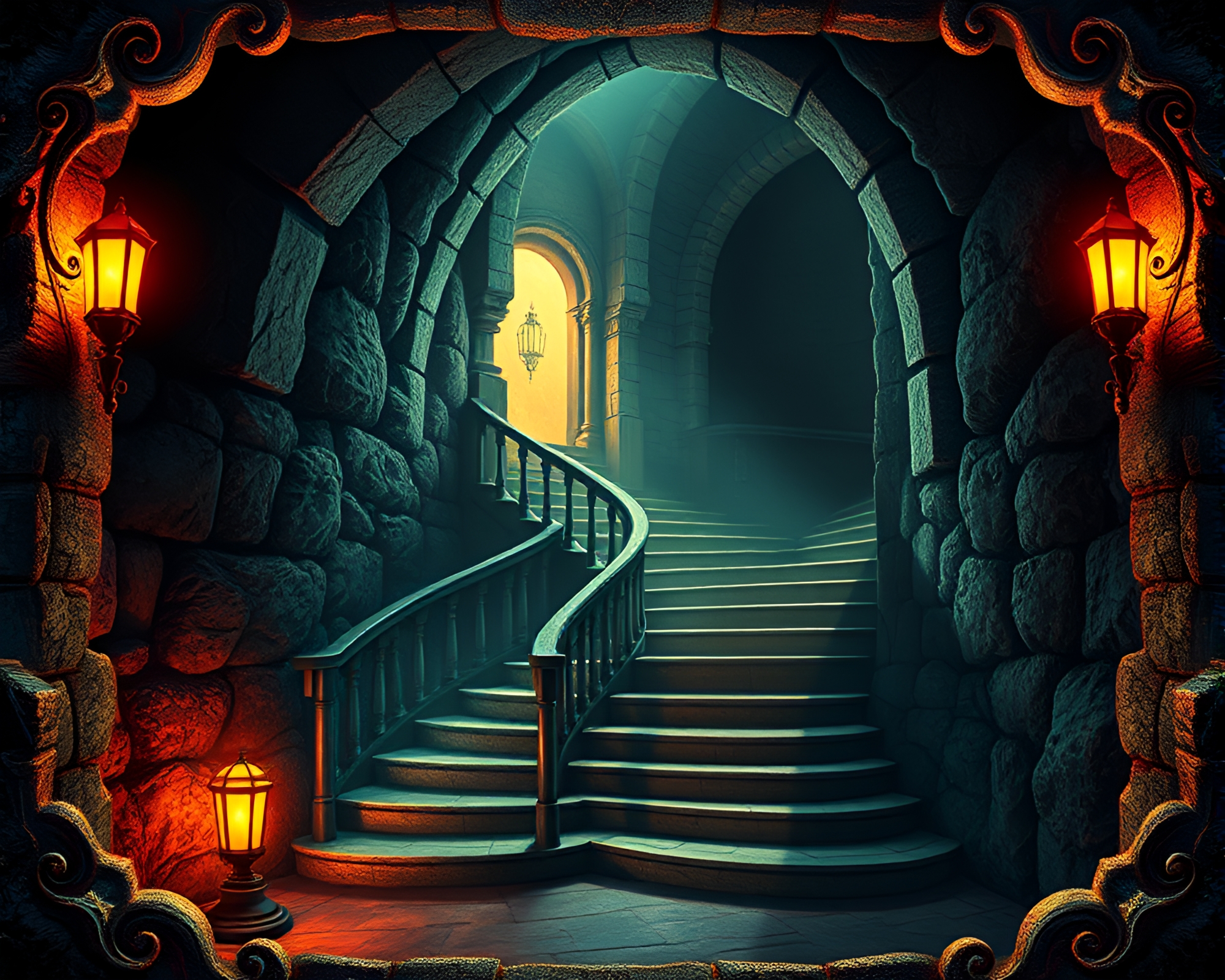Escher-inspired Vignette: Holographic Dungeon Staircase – free AI stock image
