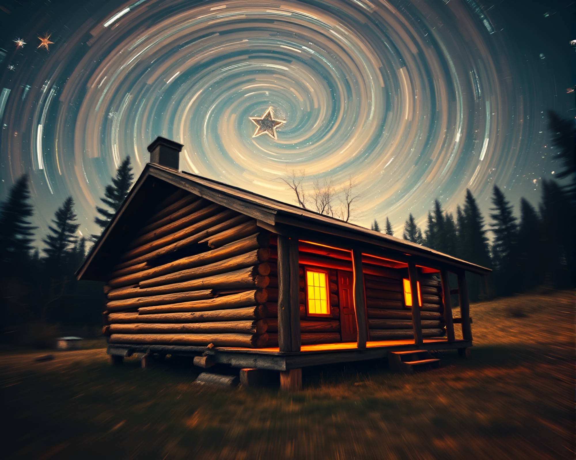 Swirling Lens Distortion Reveals Rustic Starlit Cabin Collage – free AI stock image