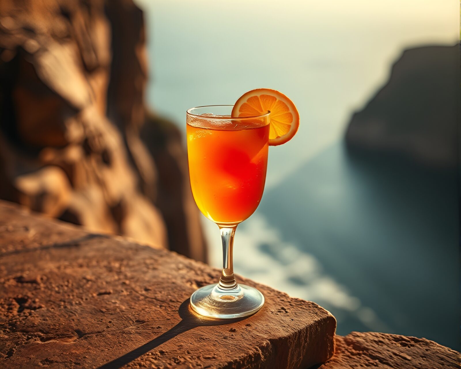 Hyper-realistic image of blood orange cocktail overlooking shadowed cliff