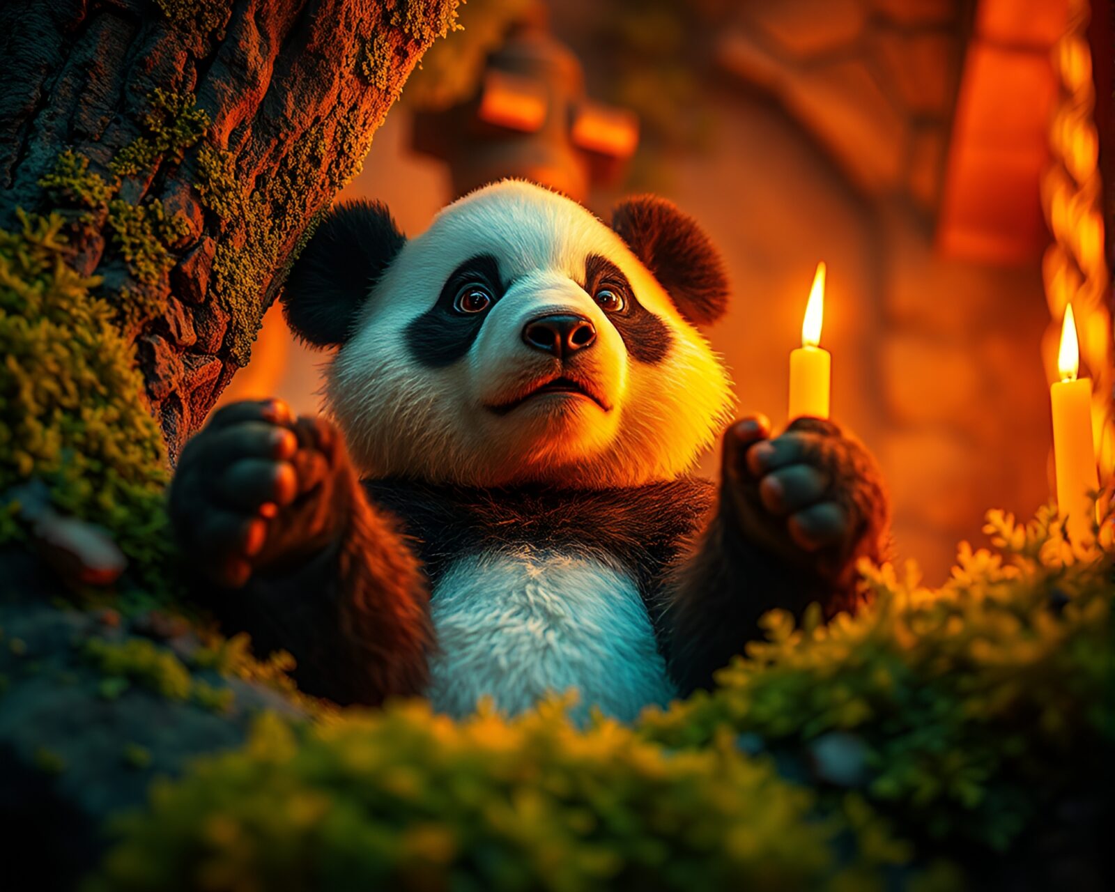 Lush lichen textures embracing a panda in colorful church glow