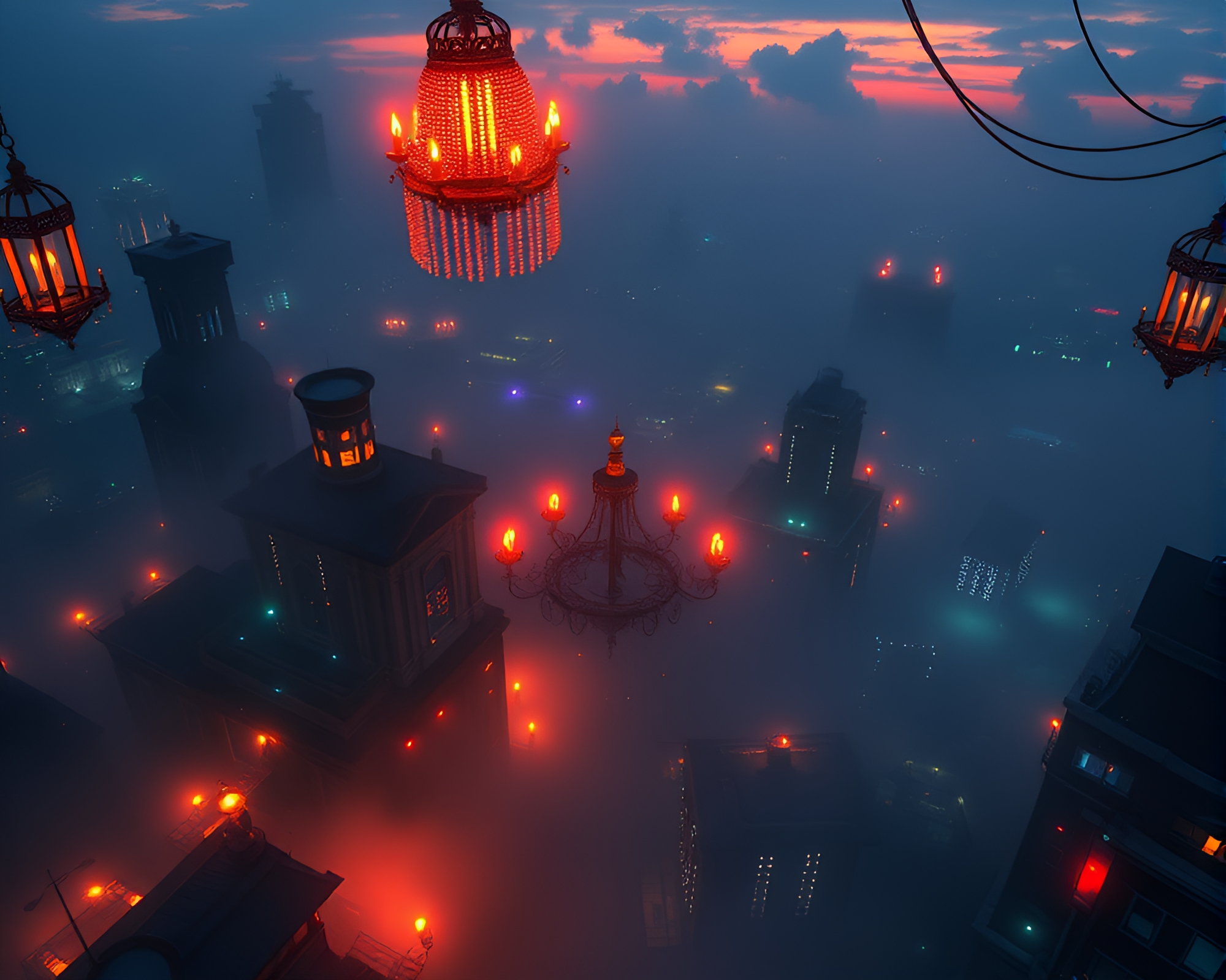 Cyberpunk Chandelier in Misty Dawn – free AI stock image