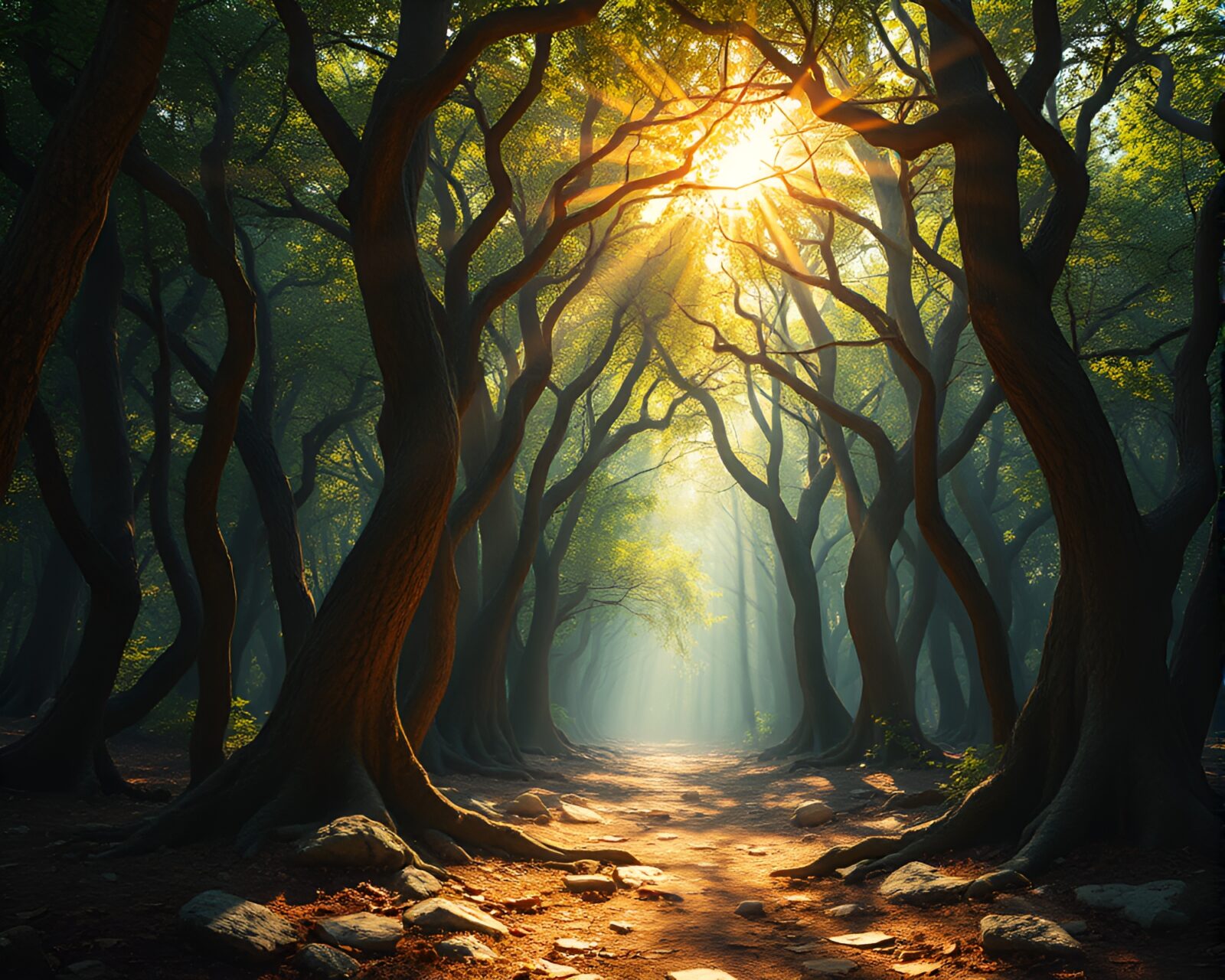 Fantastical toon shaded forest with fragmented mosaic patterns