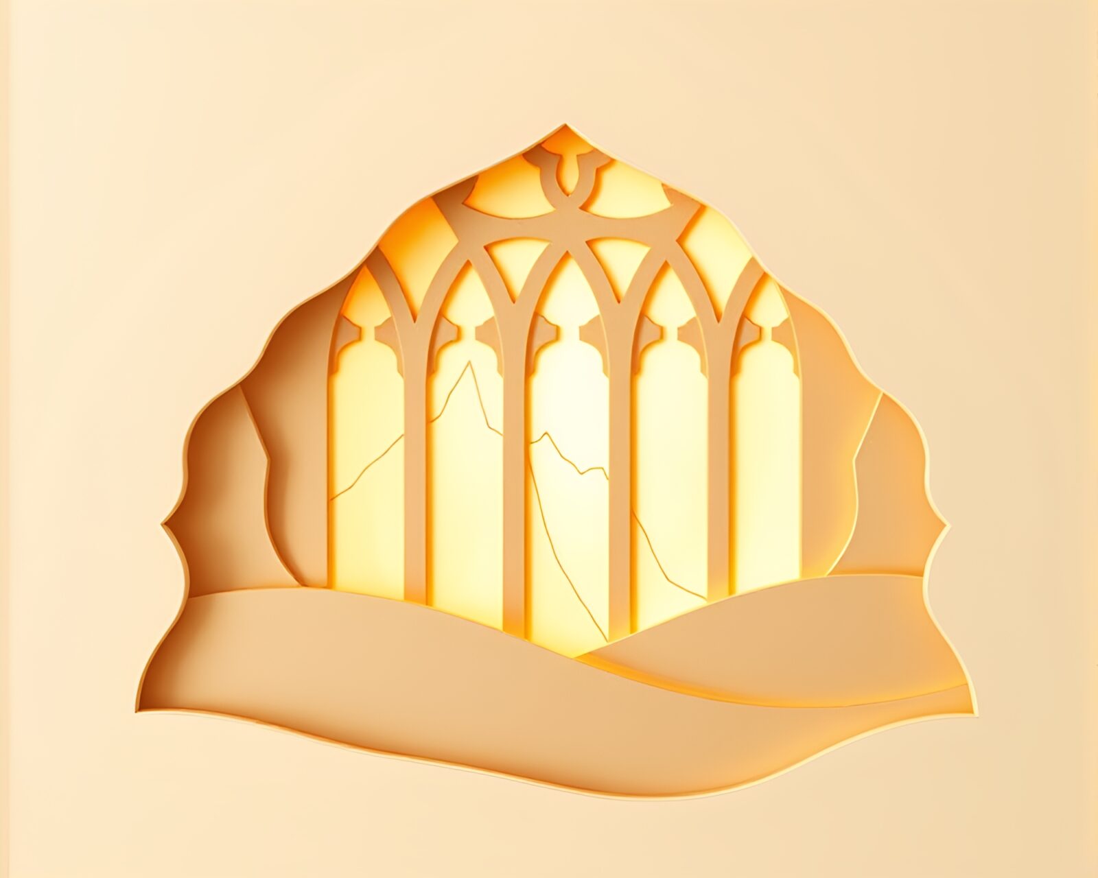 Surreal paper cutout cathedral glowing in ethereal light atop sand dune oasis