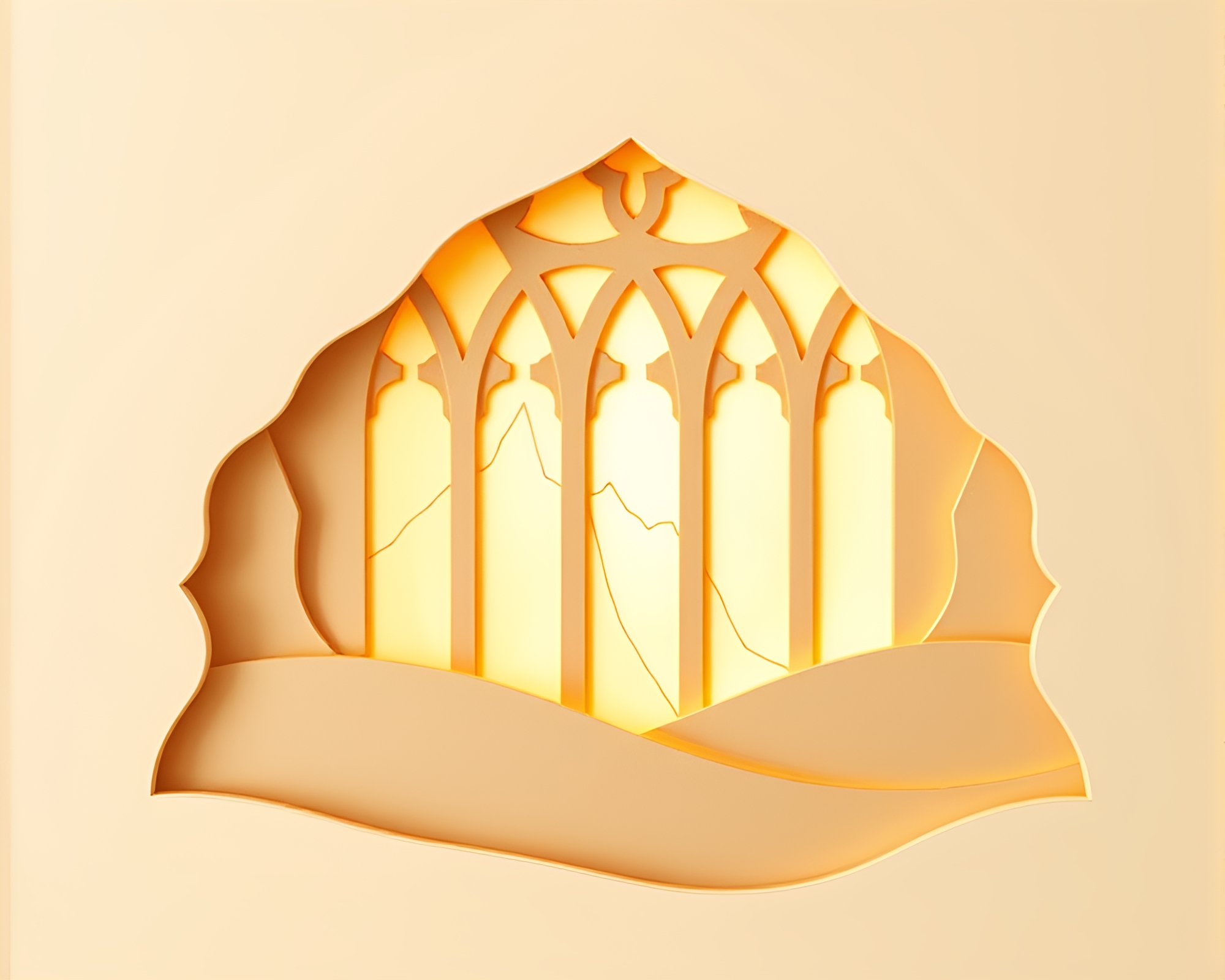 Glowing Sand Dune Oasis Cathedral Paper Art – free AI stock image