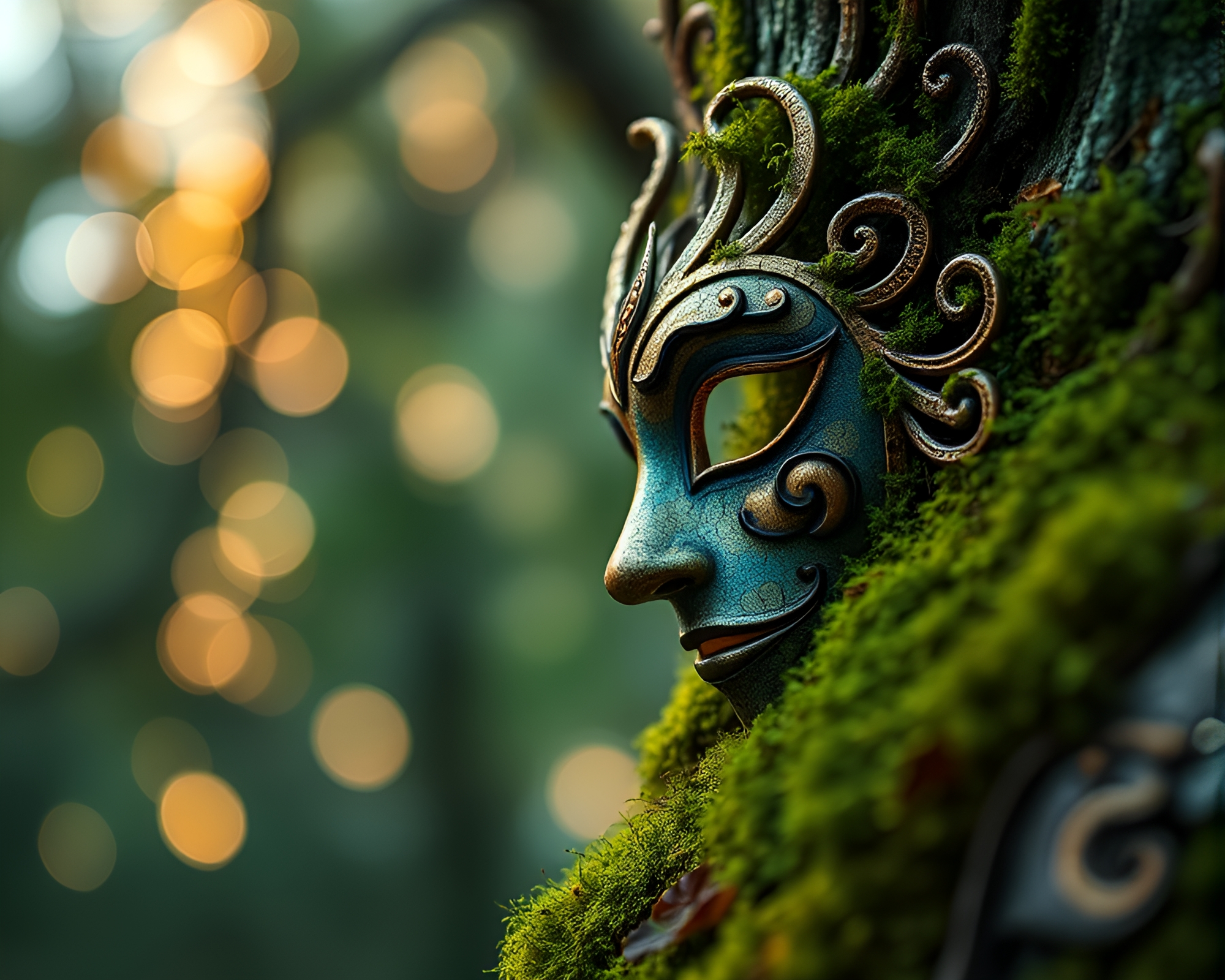 Enchanting Moss-Covered Venetian Mask in Bokeh Lights – free AI stock image