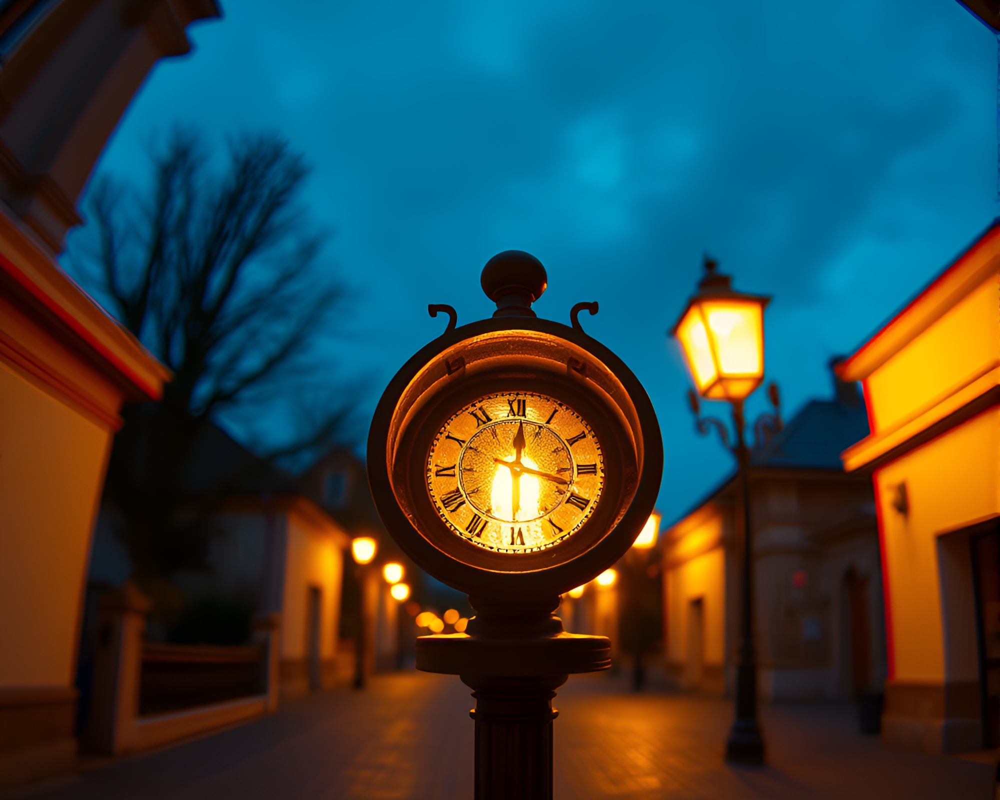 Urban Stereoscopic Sundial Streetlamp Glow Composition – free AI stock image