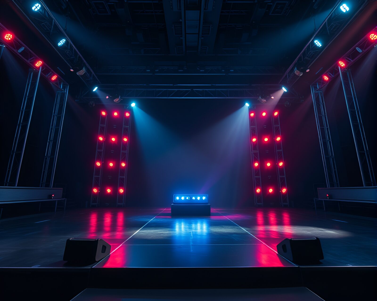 Off-center quantum teleportation machine surrounded by vibrant stage lights