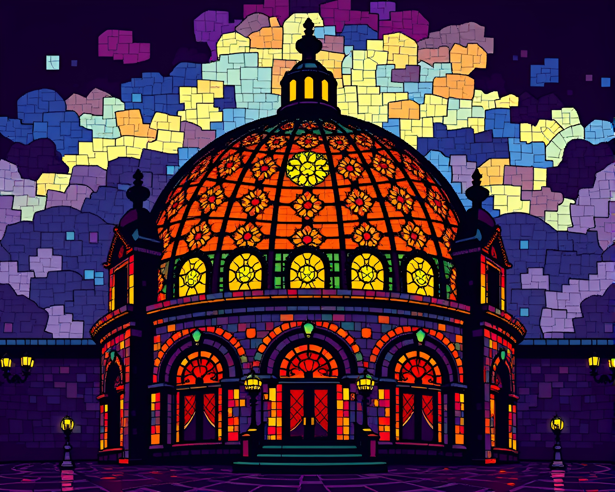 8-Bit Stained Glass Opera House Mosaic Dome – free AI stock image