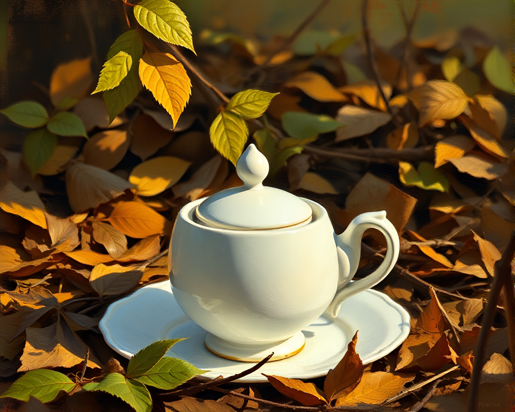 Enigmatic Tea Set Amidst Autumn Leaf Litter – free AI stock image