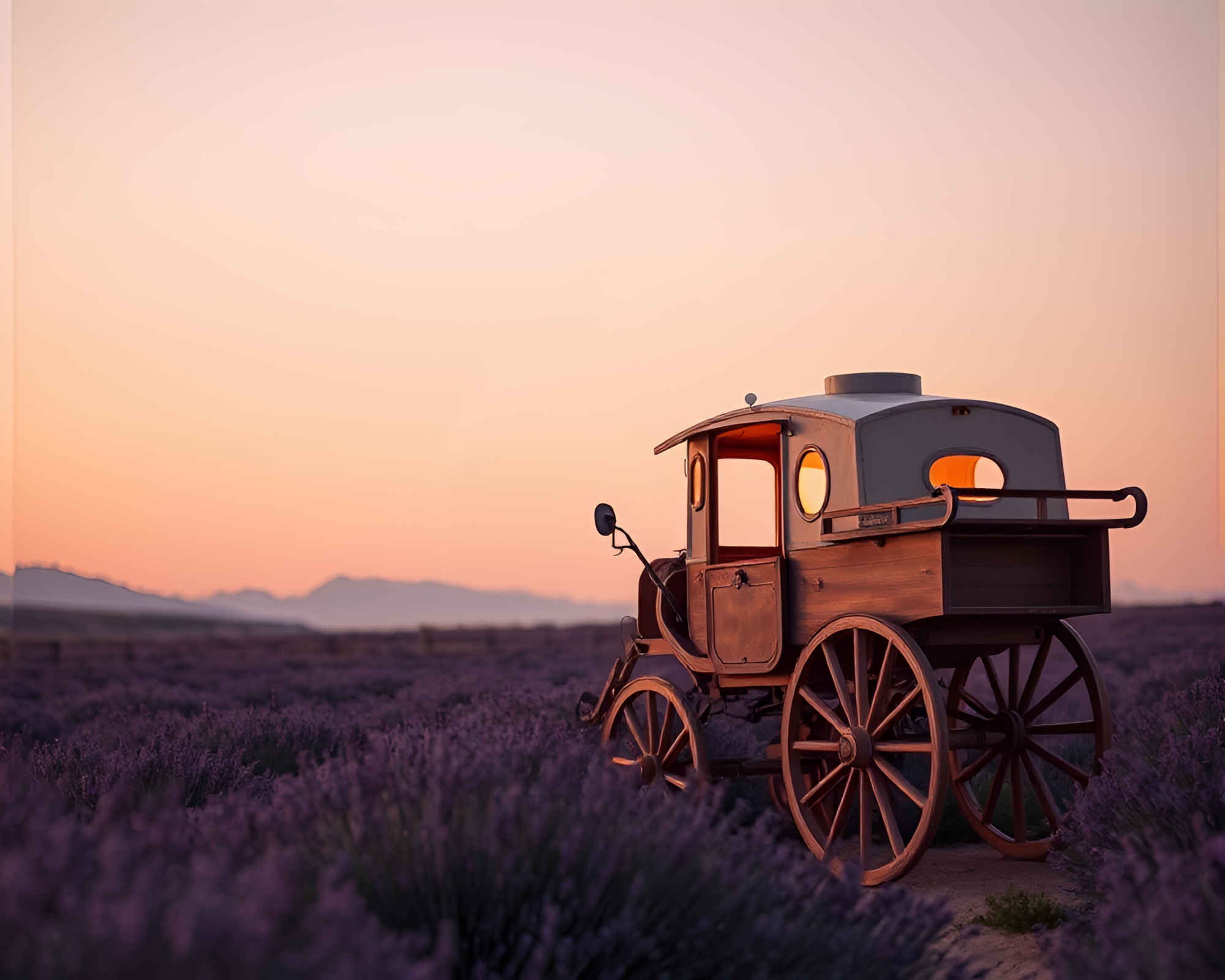 Lavender Twilight Stagecoach in Sepia Studio Shot – free AI stock image