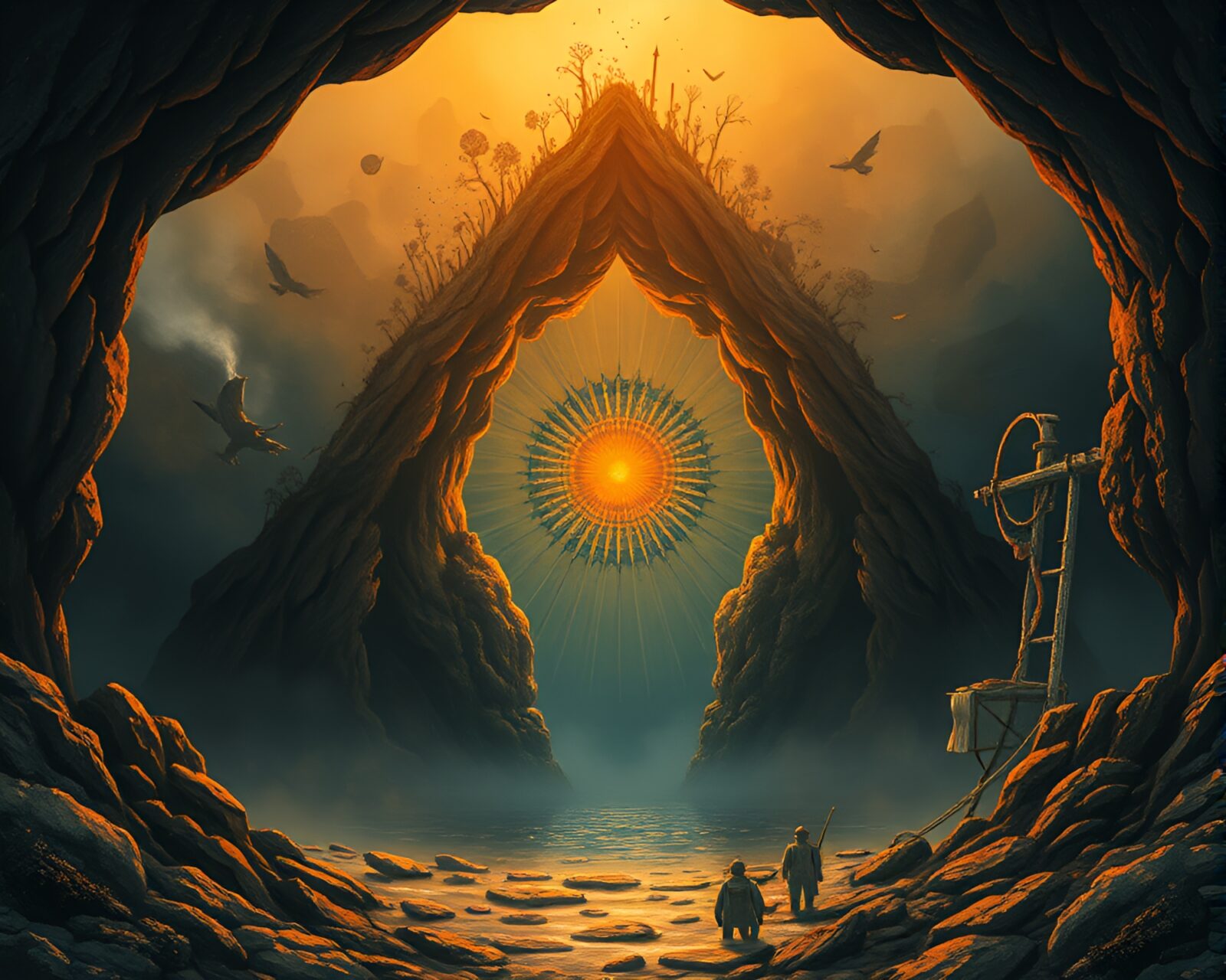 Radially symmetrical cave painting in steampunk style at sunrise