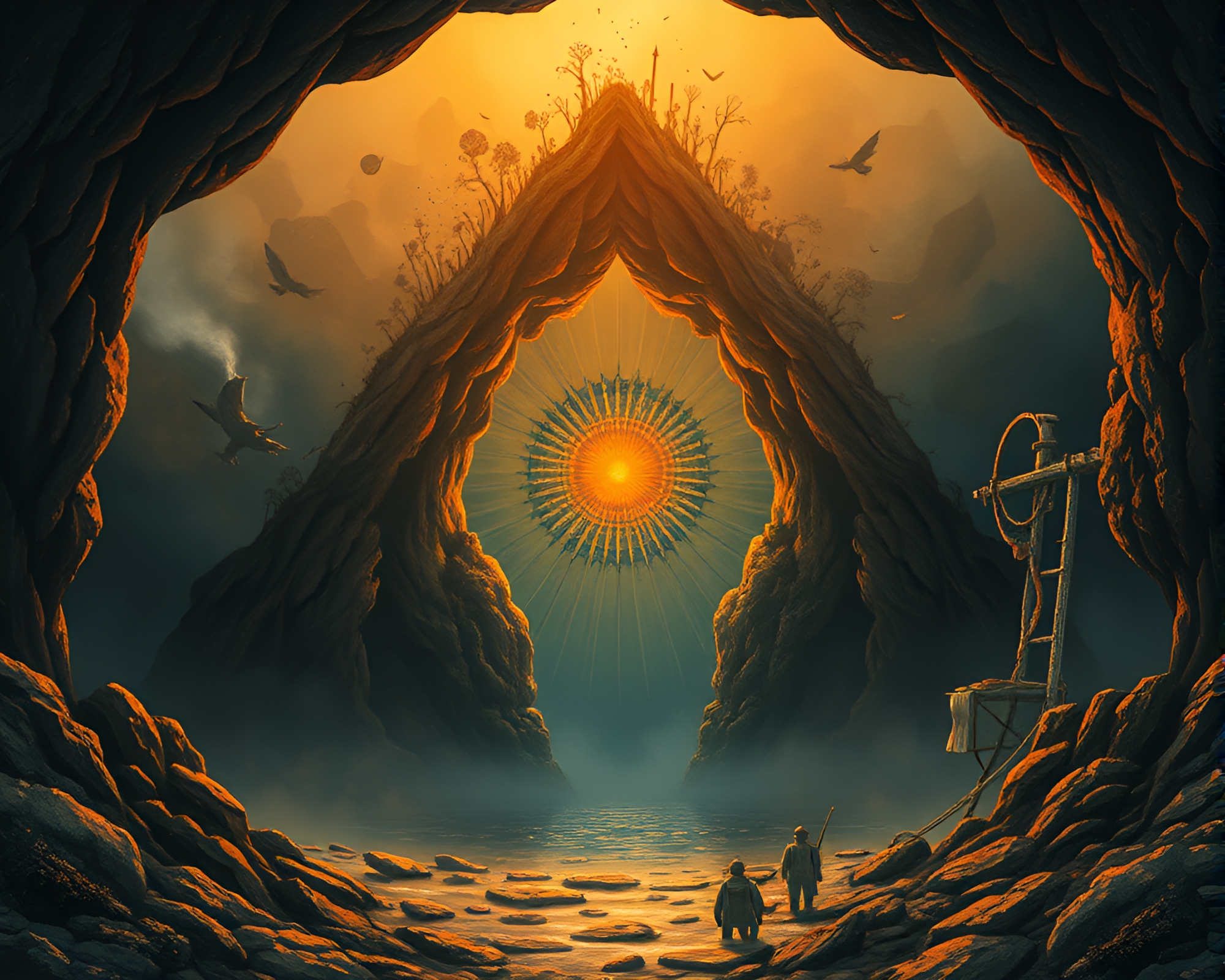 Steampunk Cave Art at Dawn – free AI stock image